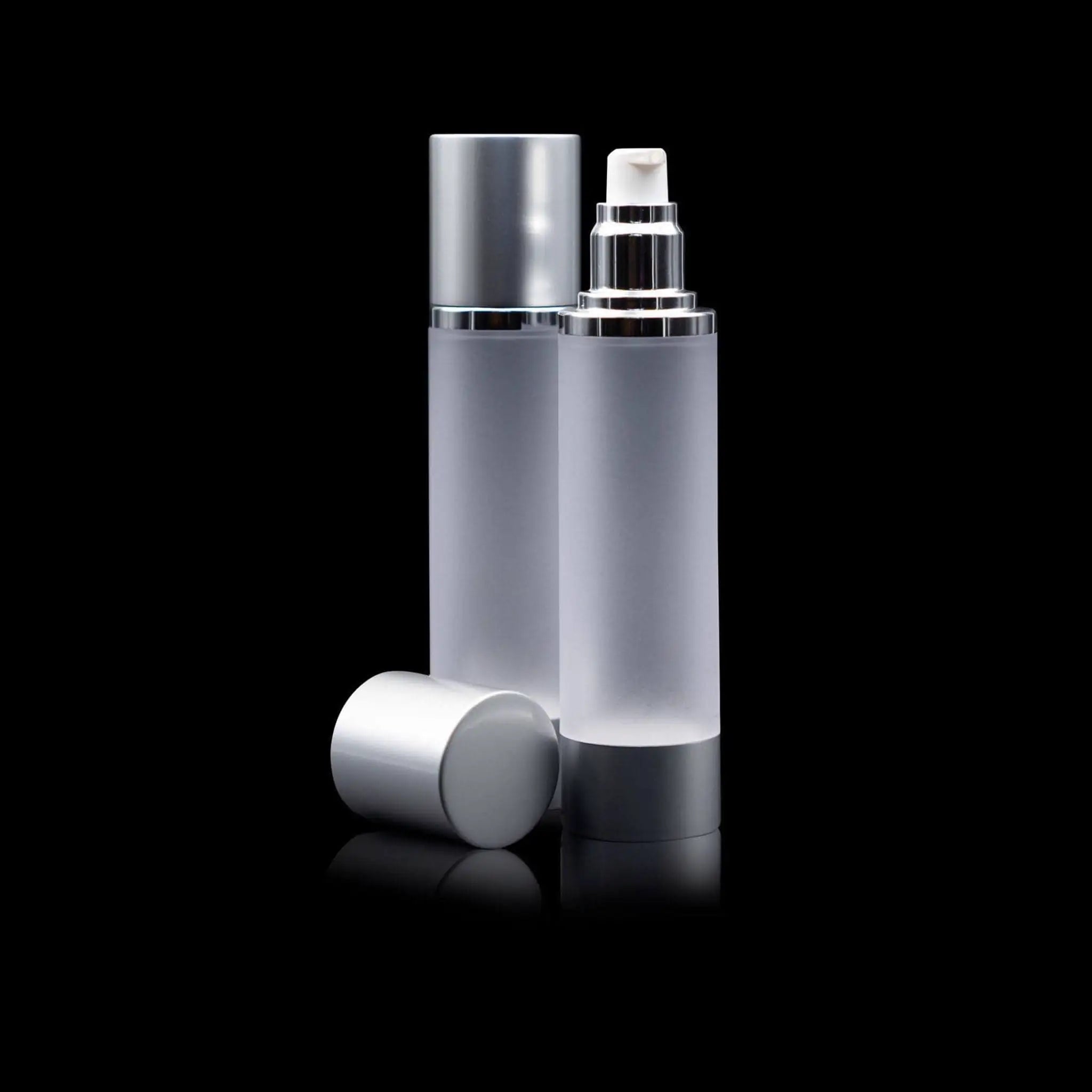 Luxe 100 ML Airless Pump Bottle Matte Silver with Frosted Bottle - Cosmetic Packaging Now!