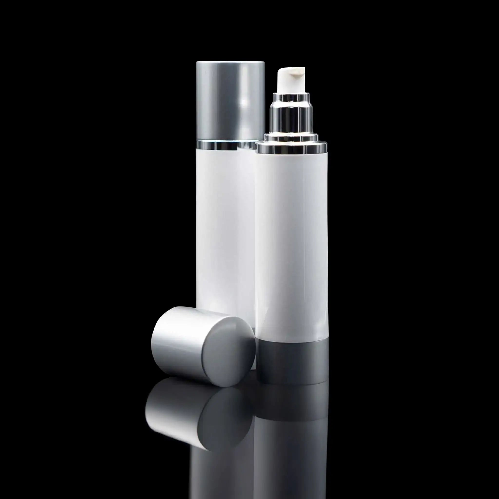 Luxe 100 ML Airless Pump Bottle Matte Silver with White Bottle - Cosmetic Packaging Now!