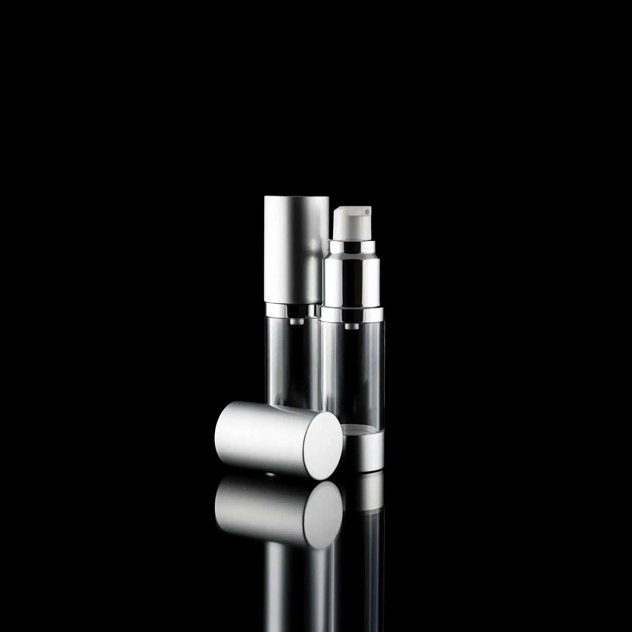 Luxe 15 ML Airless Pump Bottle Matte Silver with Clear Bottle - Cosmetic Packaging Now