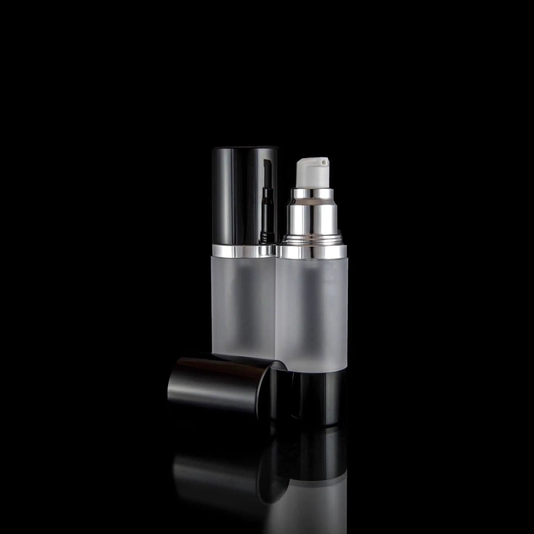 Luxe 30 ML Airless Pump Bottle Glossy Black with Frosted Bottle - Cosmetic Packaging Now!