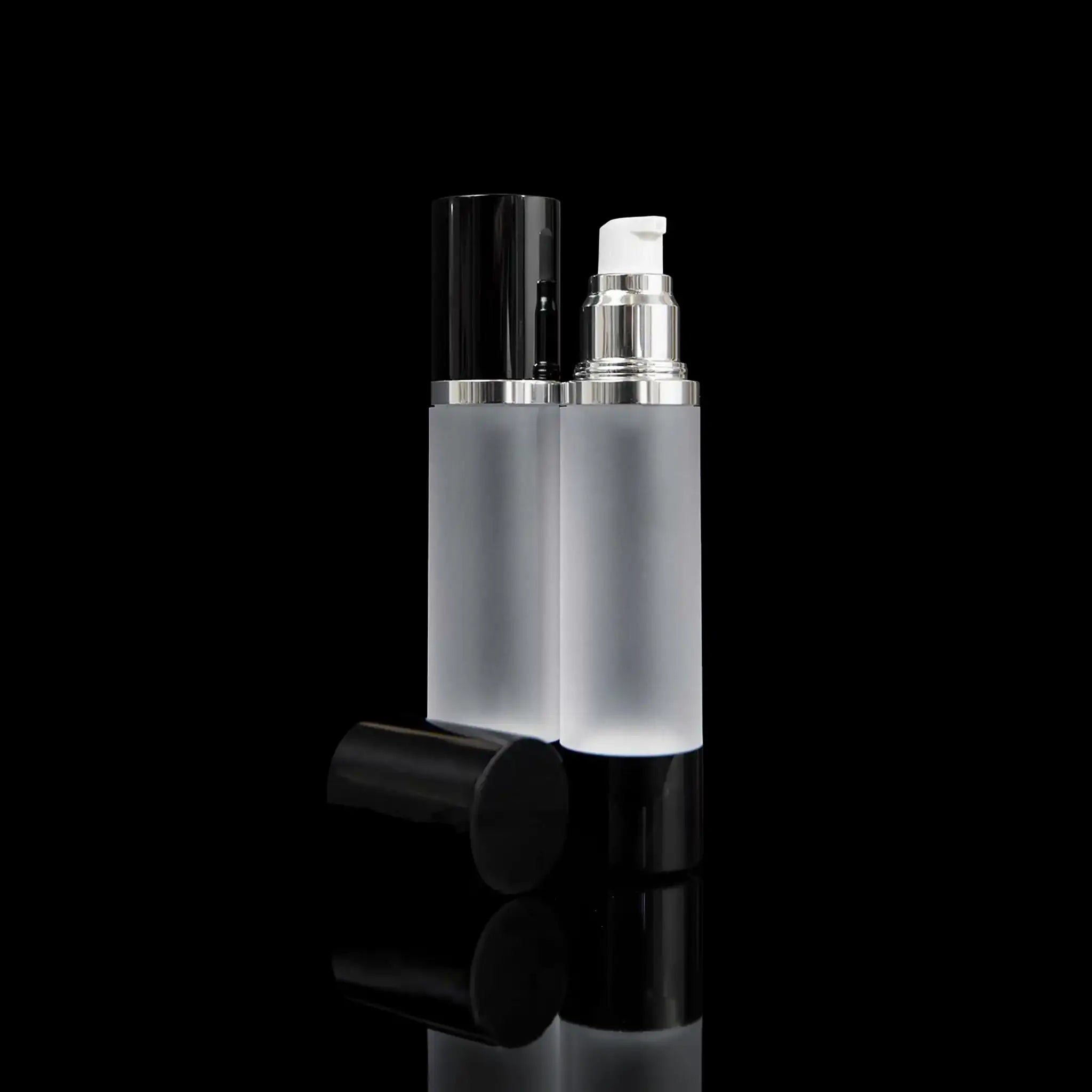 Luxe 50 ML Airless Pump Bottle Glossy Black with Frosted Bottle - Cosmetic Packaging Now!