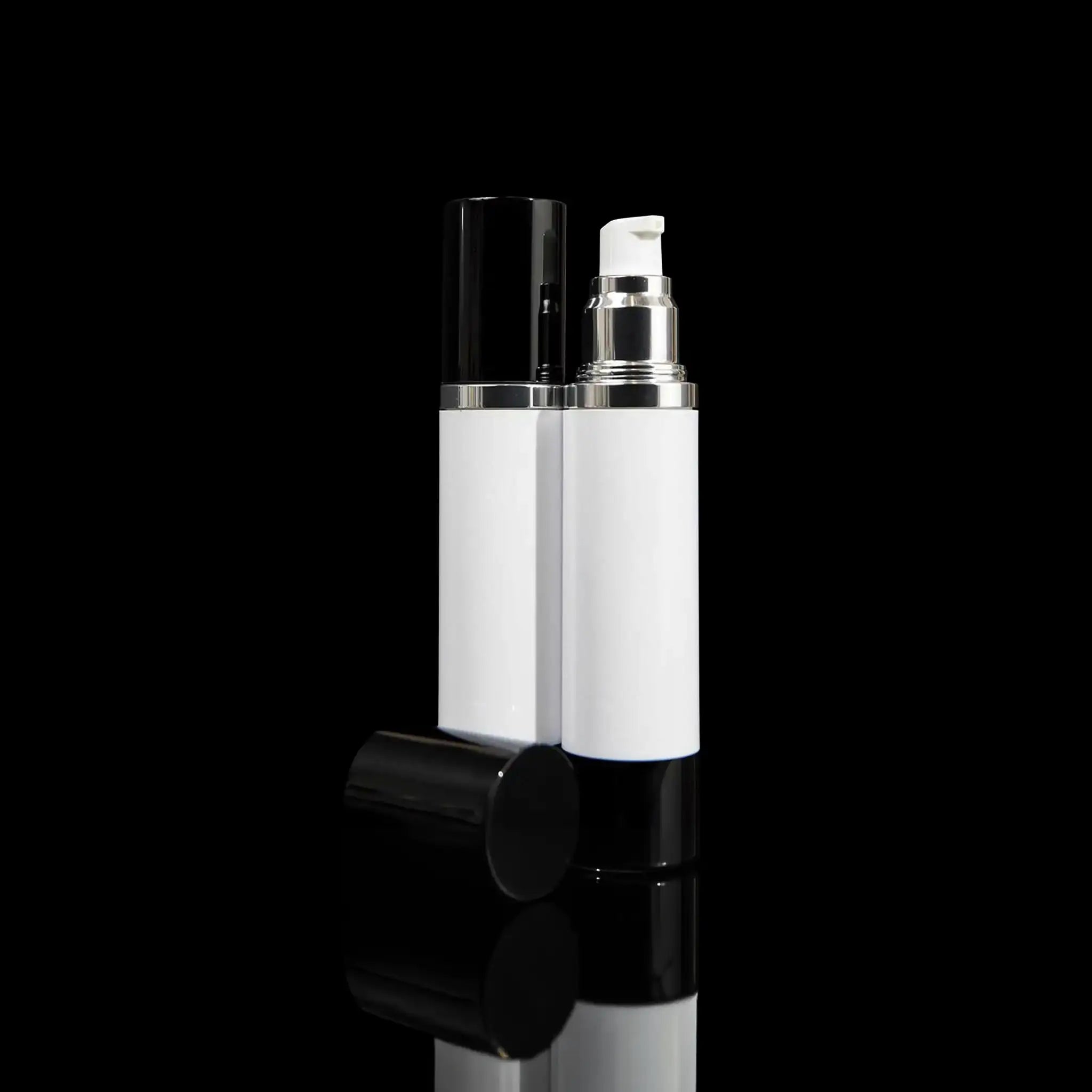 Luxe 50 ML Airless Pump Bottle Glossy Black with White Bottle - Cosmetic Packaging Now!