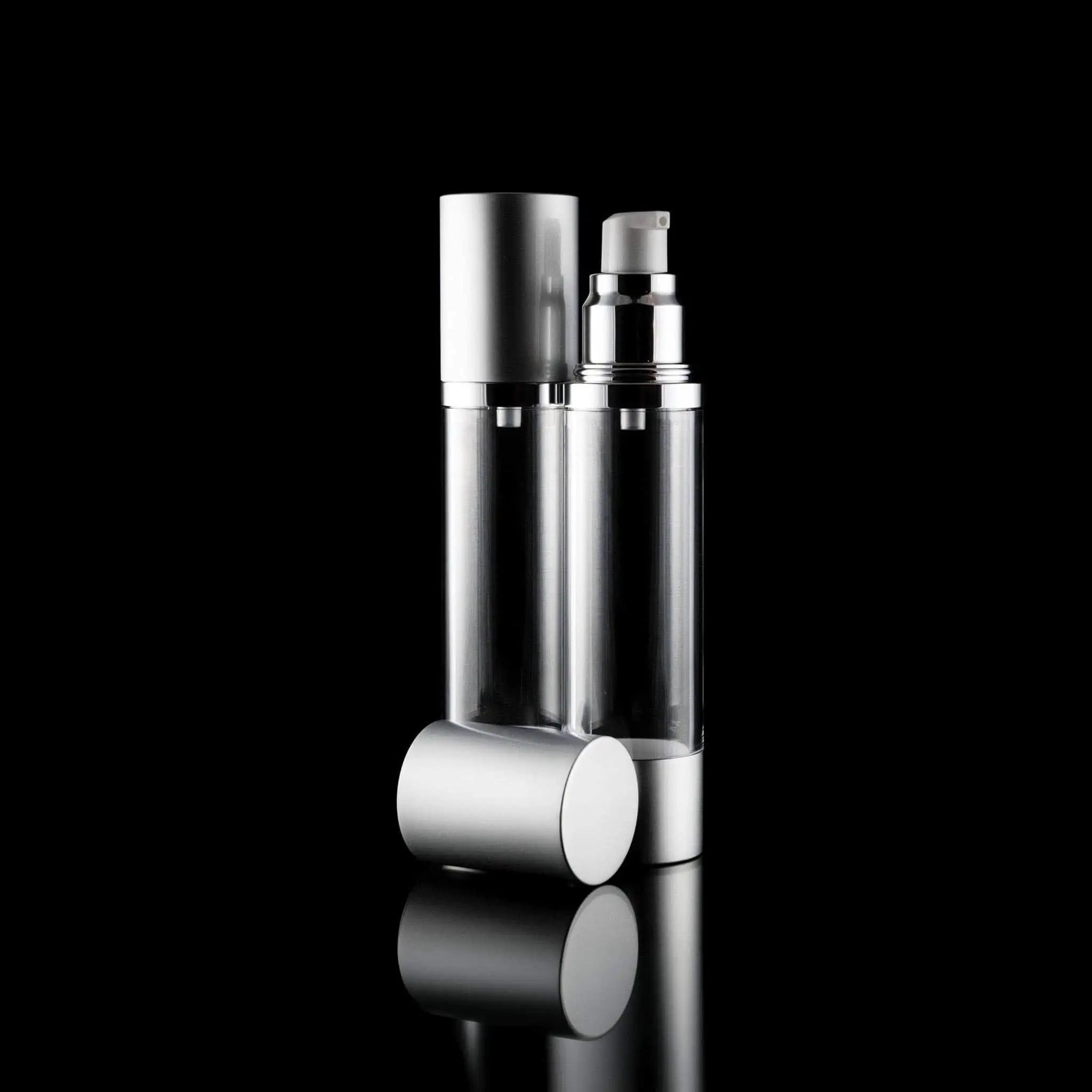 Luxe 50 ML Airless Pump Bottle Matte Silver with Clear Bottle - Cosmetic Packaging Now!