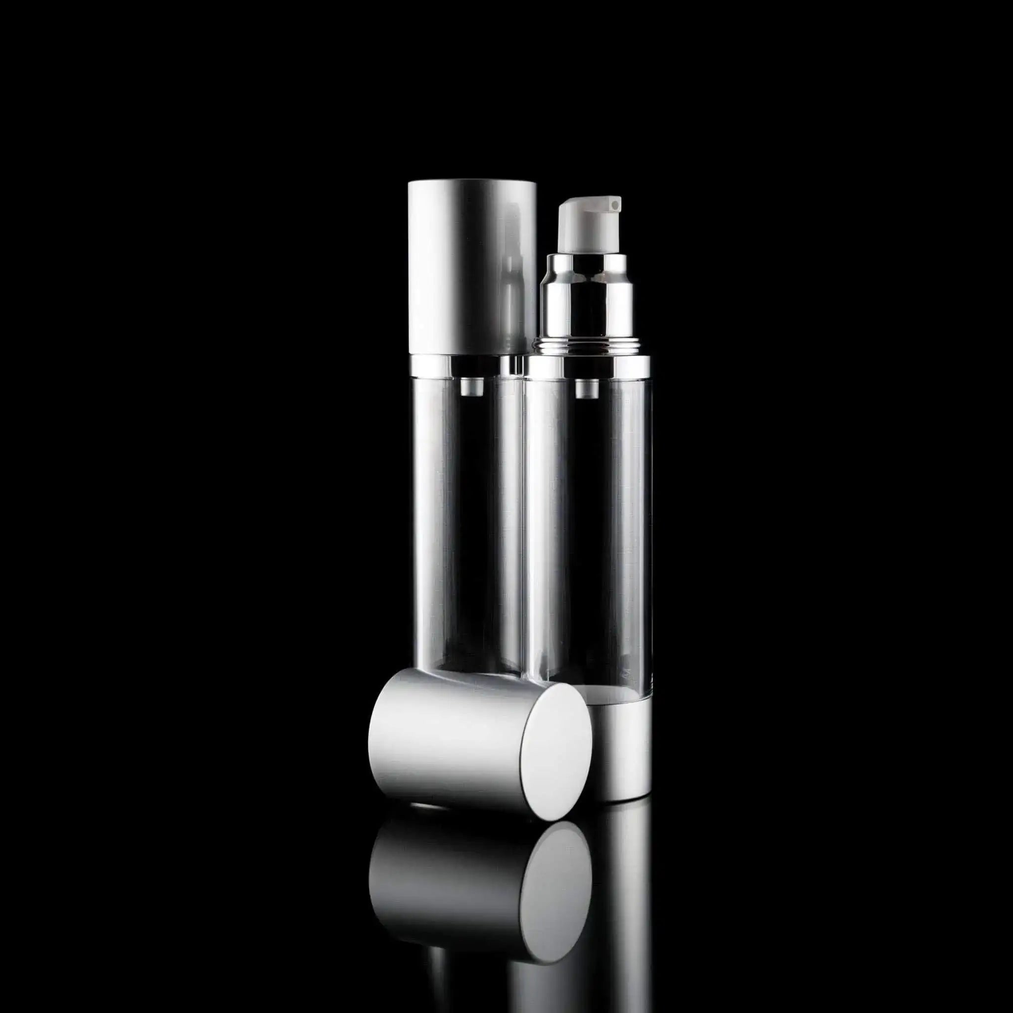 Luxe 50 ML Airless Pump Bottle Matte Silver with Clear Bottle - Cosmetic Packaging Now!