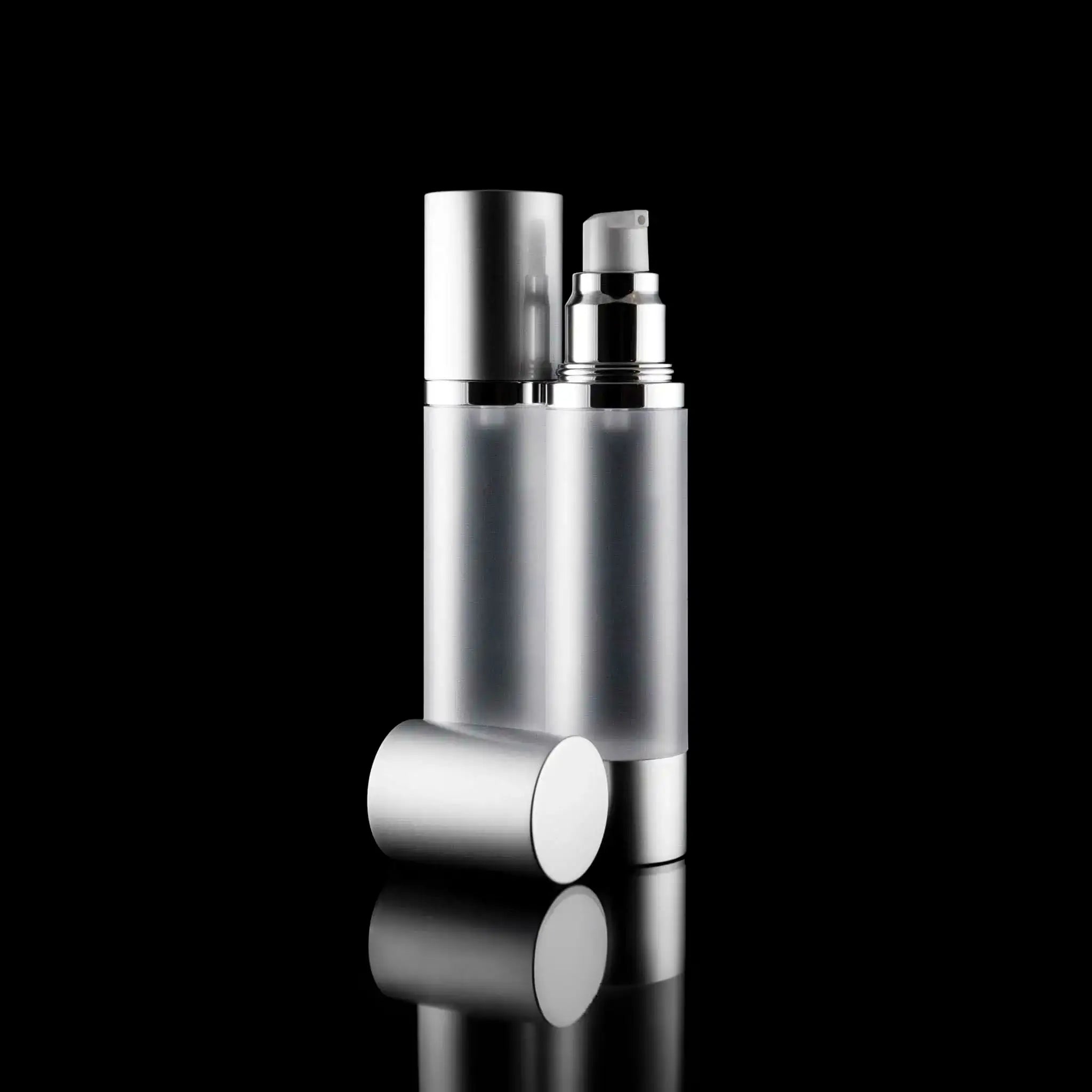 Luxe 50 ML Airless Pump Bottle With Matte Silver with Frosted Bottle - Cosmetic Packaging Now!