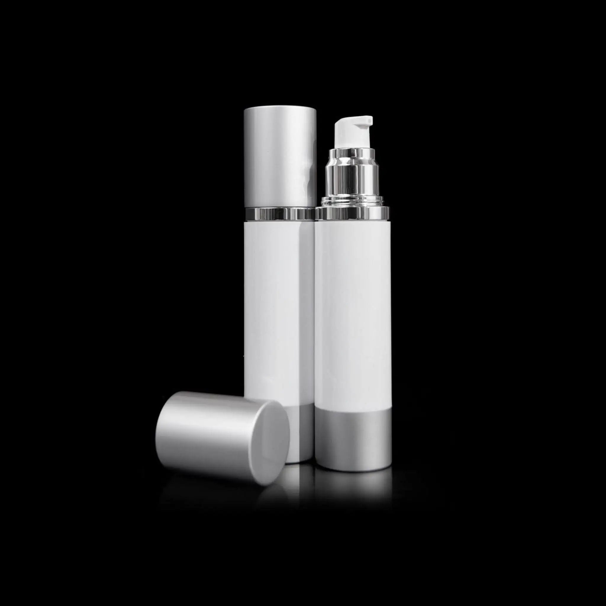Luxe 50 ML Airless Pump Bottle Matte Silver with White Bottle - Cosmetic Packaging Now!