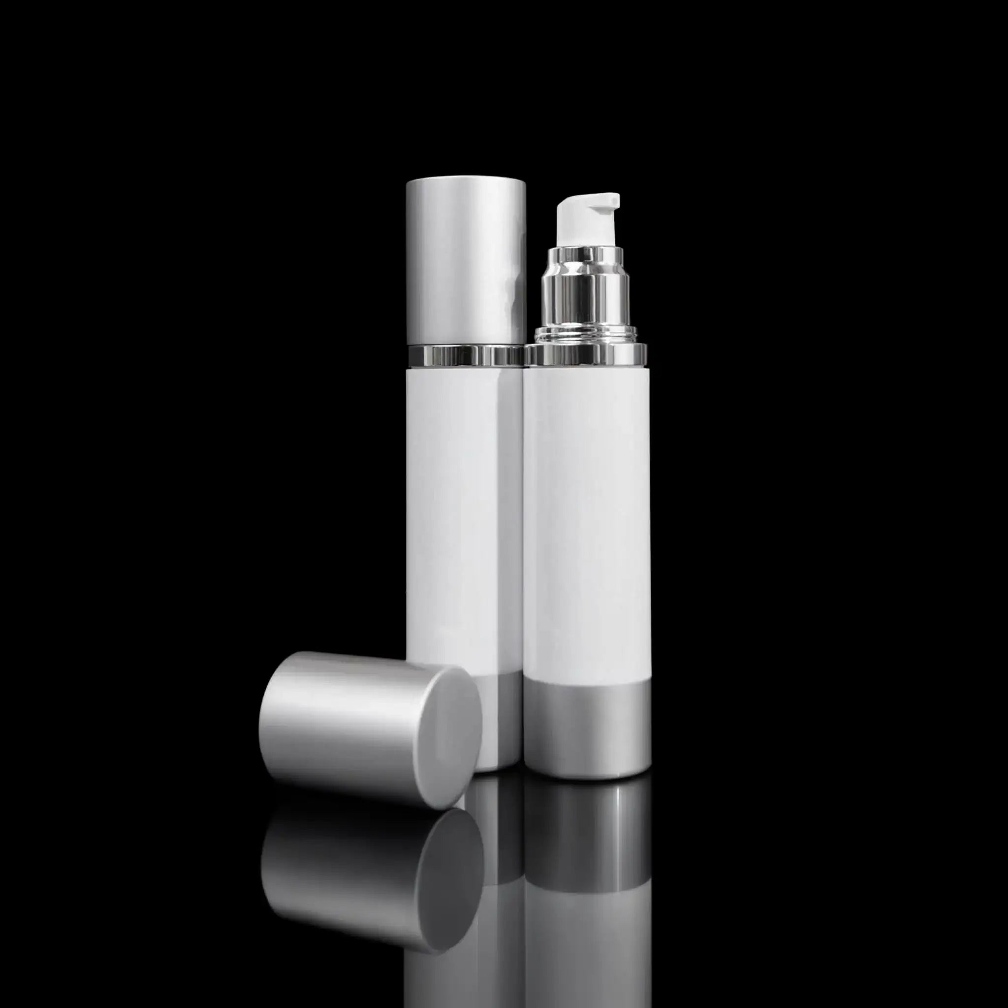 Luxe 50 ML Airless Pump Bottle Matte Silver with White Bottle - Cosmetic Packaging Now!