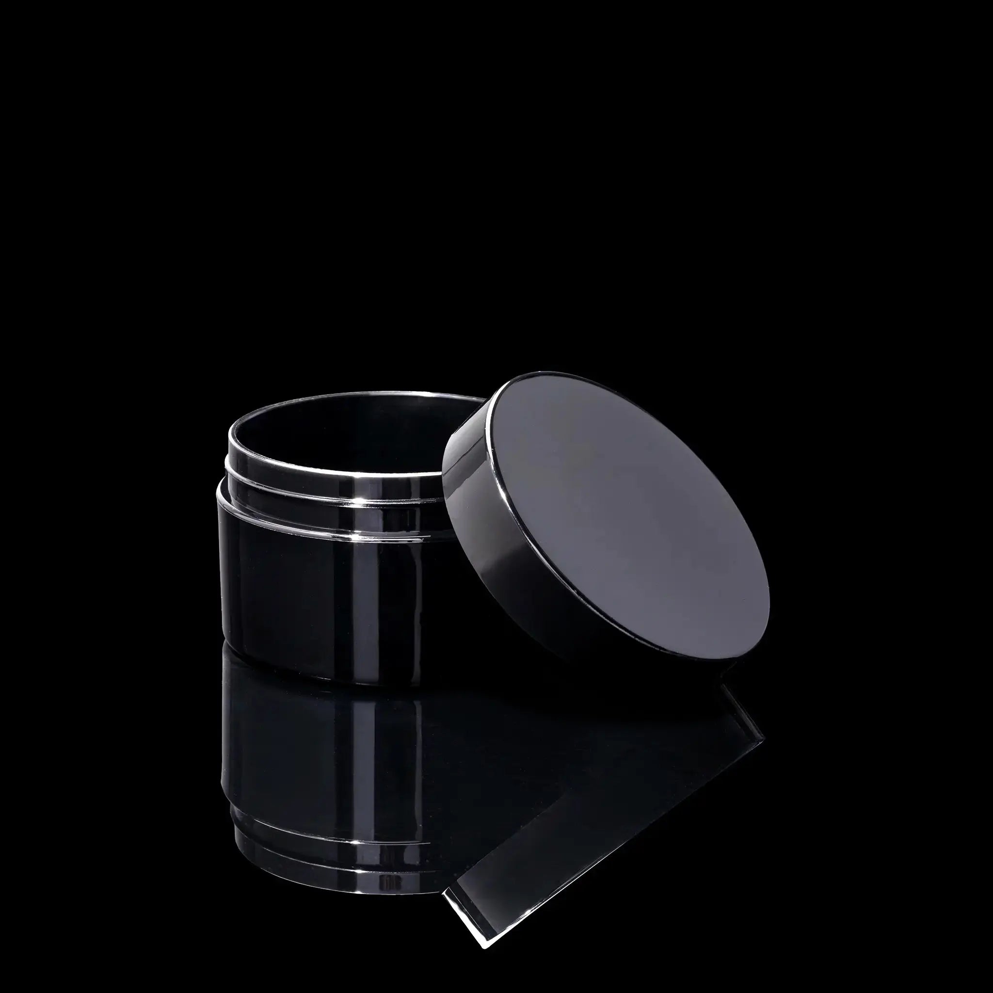 Impact 100ml PCR glossy black PP single wall cosmetic jar open showing interior for creams - Cosmetic Packaging Now