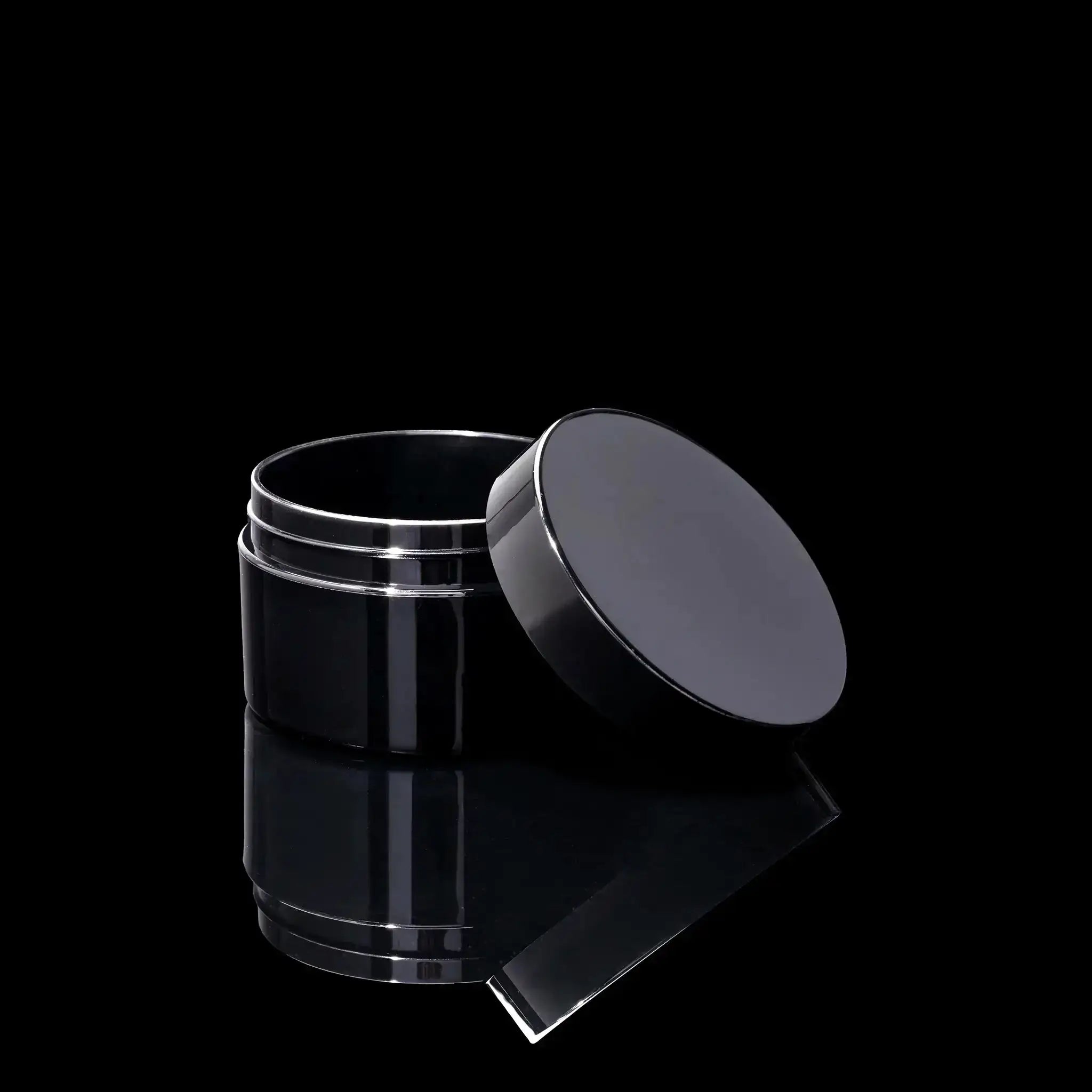 Impact 100ml PCR glossy black PP single wall cosmetic jar open showing interior for creams - Cosmetic Packaging Now