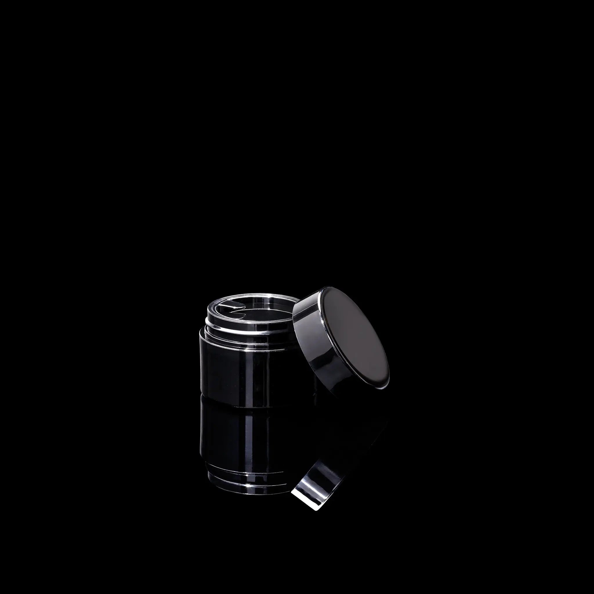 Impact 15ml PCR glossy black PP single wall cosmetic jar open showing interior for creams - Cosmetic Packaging Now