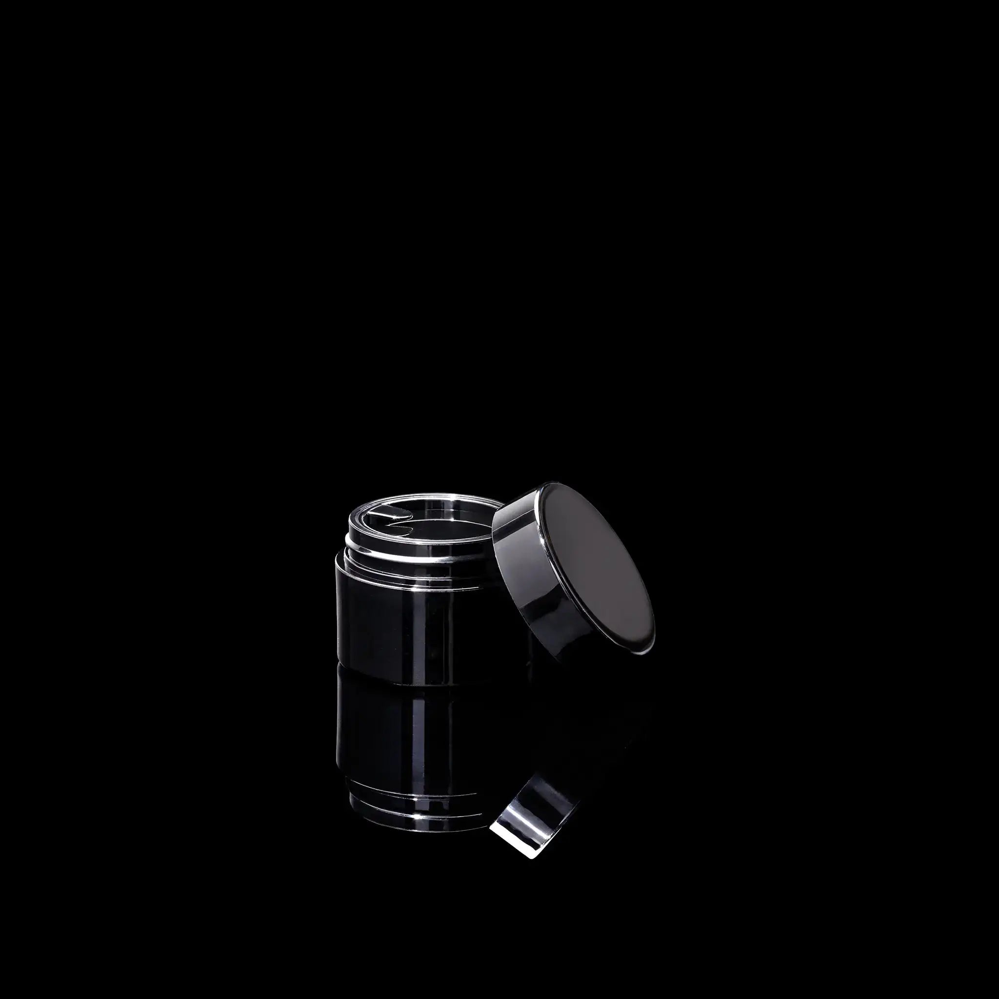 Impact 15ml PCR glossy black PP single wall cosmetic jar open showing interior for creams - Cosmetic Packaging Now