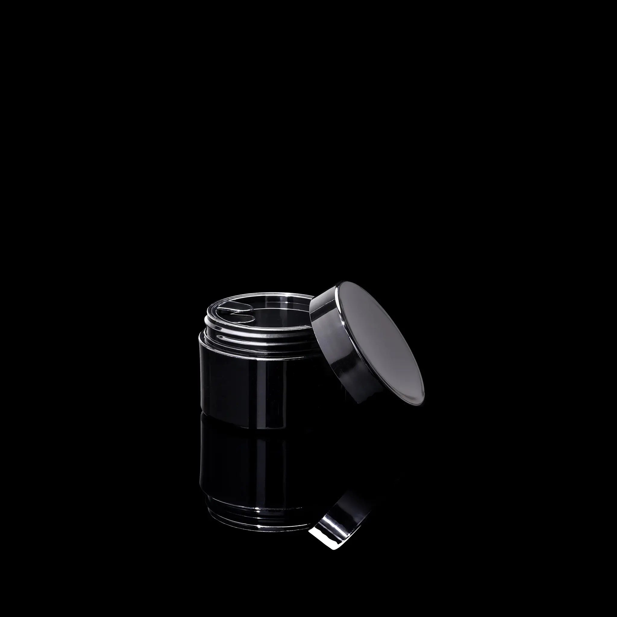 Impact 30ml PCR glossy black PP single wall cosmetic jar open showing interior for creams - Cosmetic Packaging Now