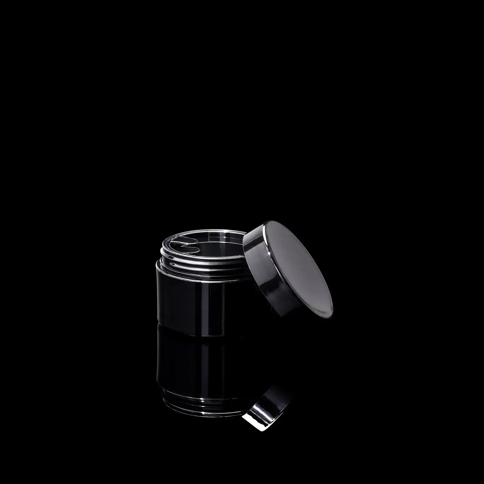 Impact 30ml PCR glossy black PP single wall cosmetic jar open showing interior for creams - Cosmetic Packaging Now