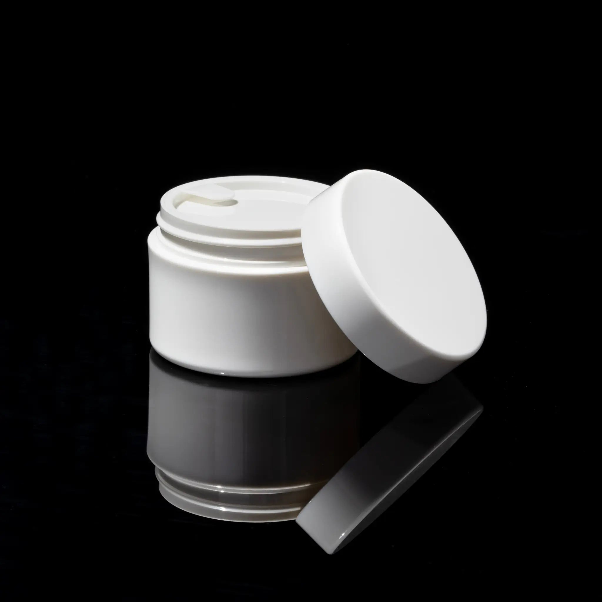 Impact 30ml PCR glossy white PP single wall cosmetic jar open showing interior for creams - Cosmetic Packaging Now