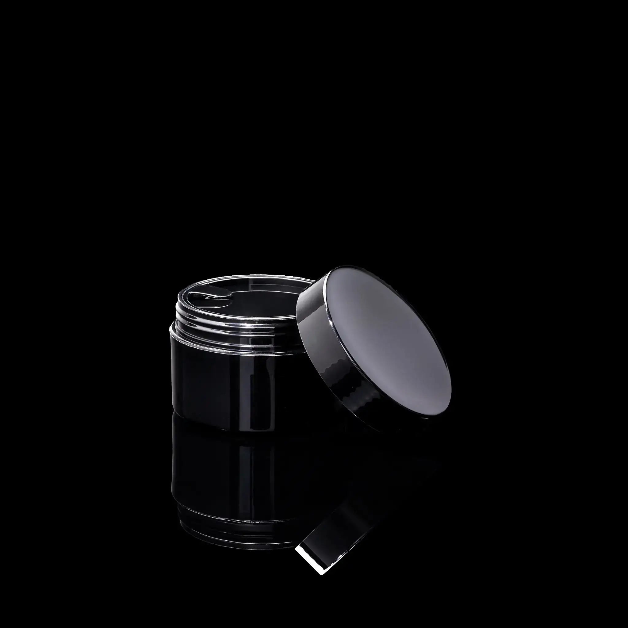 Impact 50ml PCR glossy black PP single wall cosmetic jar open showing interior for creams - Cosmetic Packaging Now