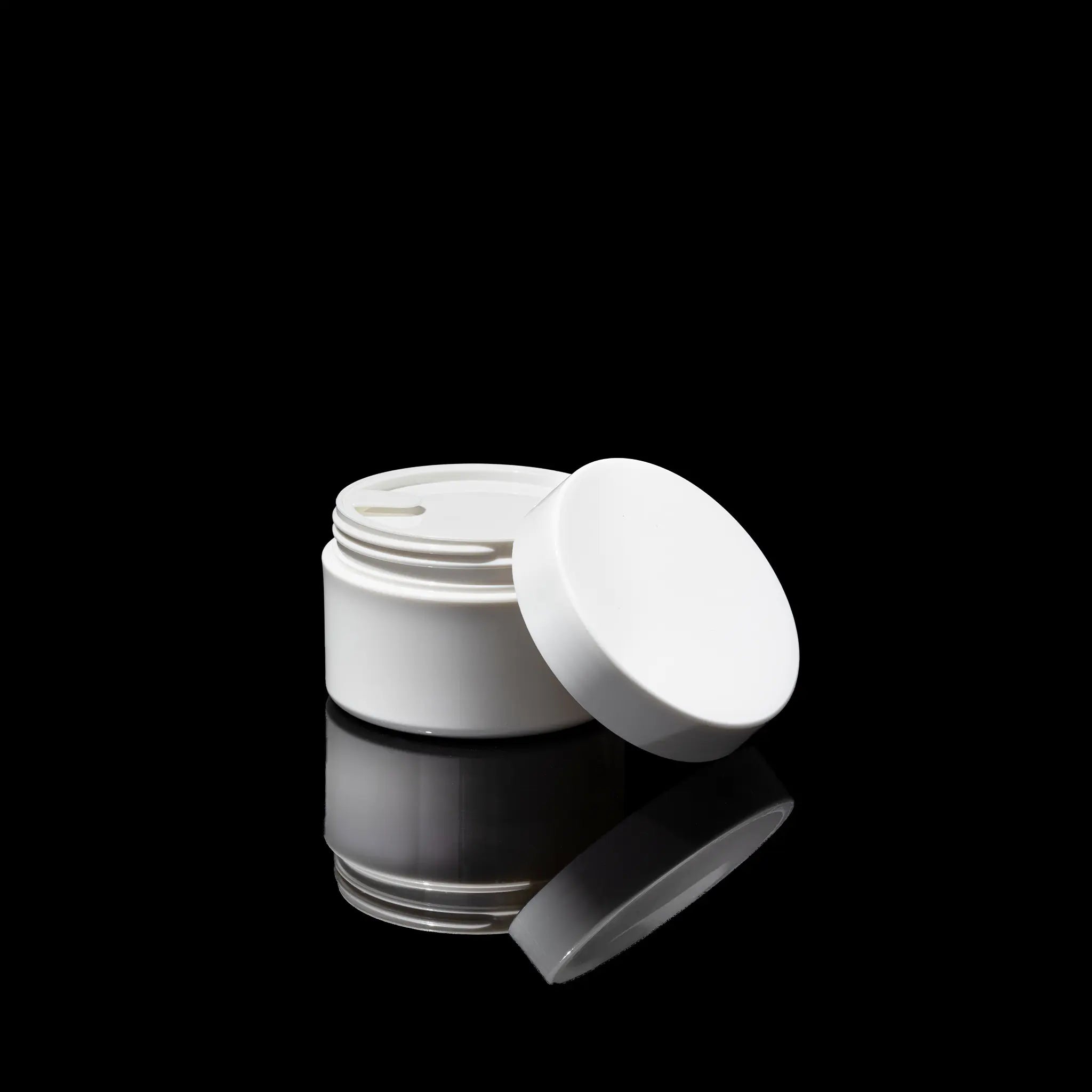 Impact 50ml PCR glossy white PP single wall cosmetic jar open showing interior for creams - Cosmetic Packaging Now