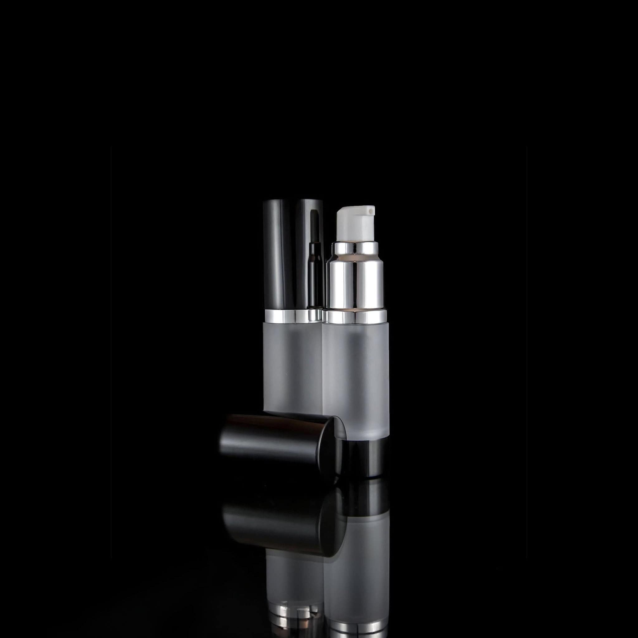 Luxe 15 ML Airless Bottle Glossy Black with Frosted Bottle - Cosmetic Packaging Now