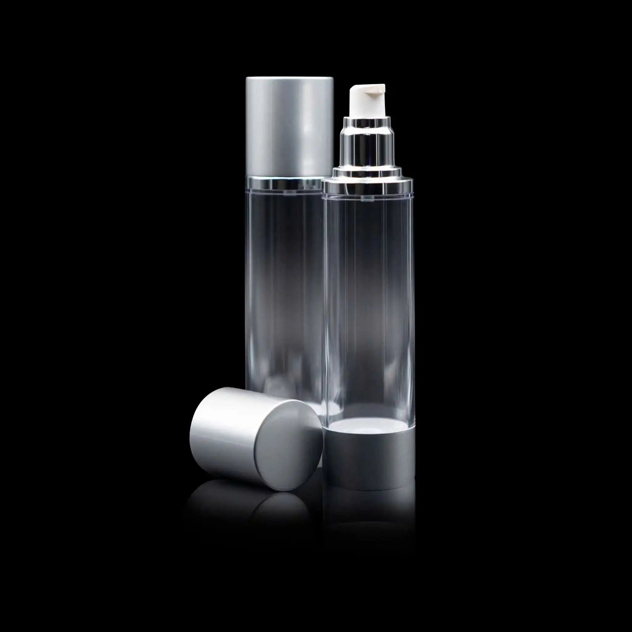 Luxe 100 ML Airless Pump Bottle Matte Silver with Clear Bottle - Cosmetic Packaging Now!