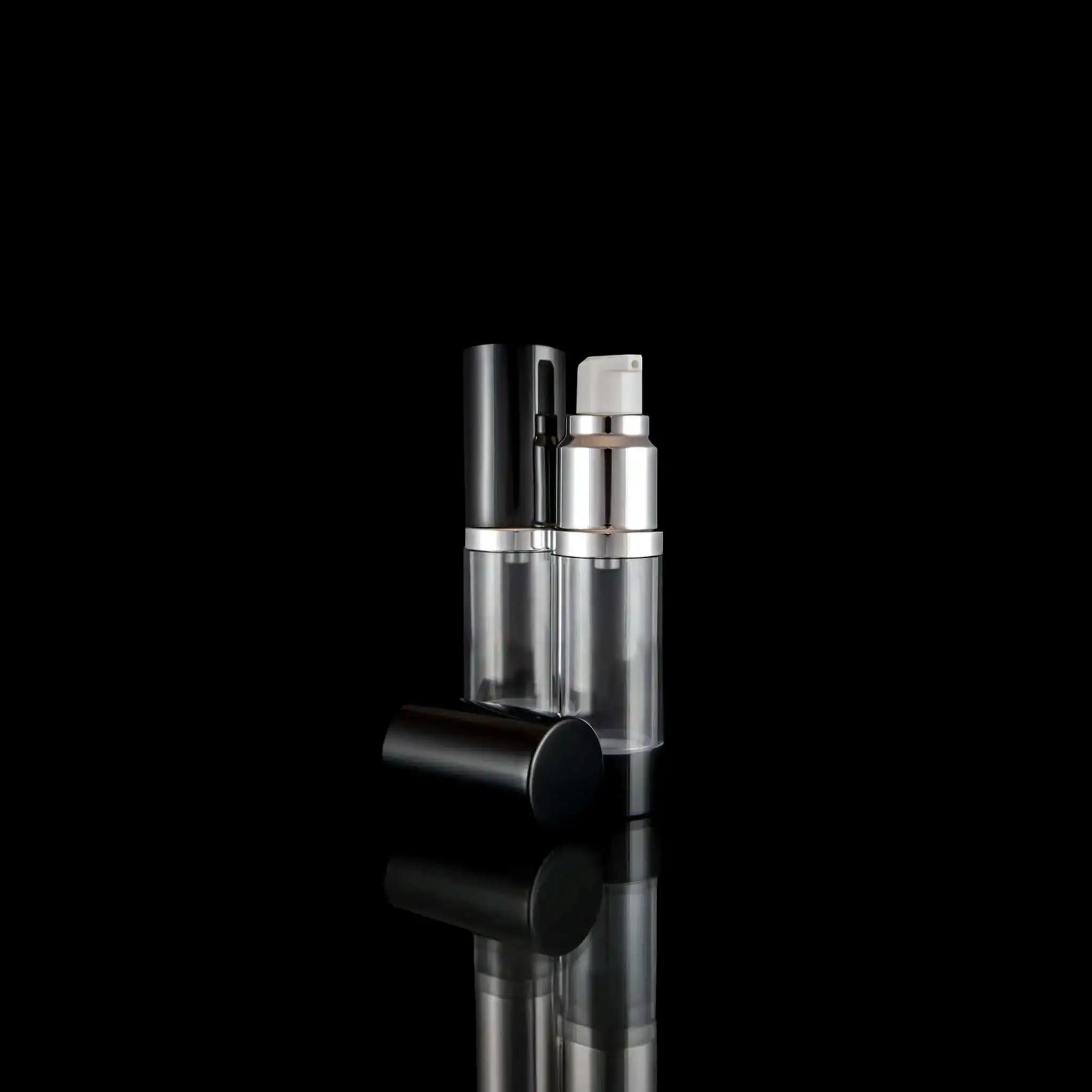 Luxe 15 ML Airless Pump Bottle Glossy Black with Clear Bottle - Cosmetic Packaging Now!