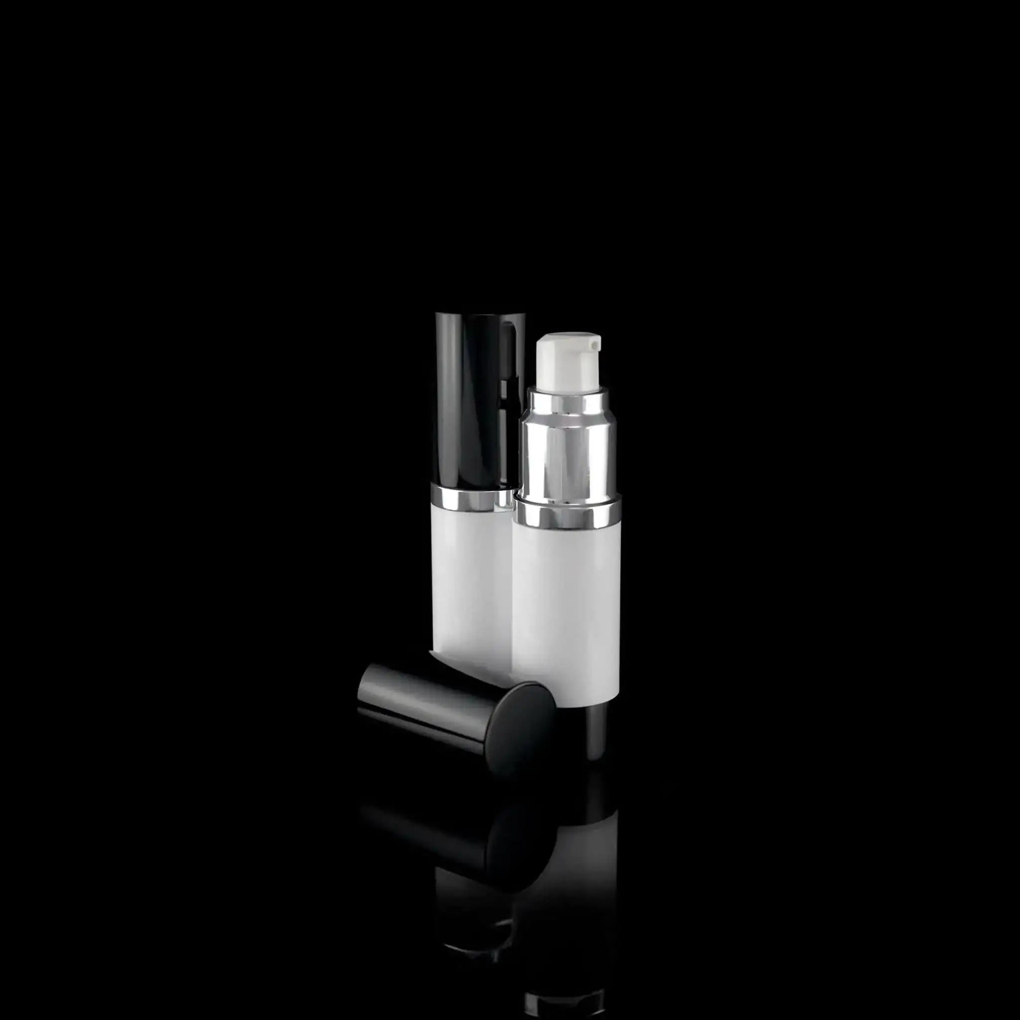 Luxe 15 ML Airless Pump Bottle Glossy Black with White Bottle - Cosmetic Packaging Now!