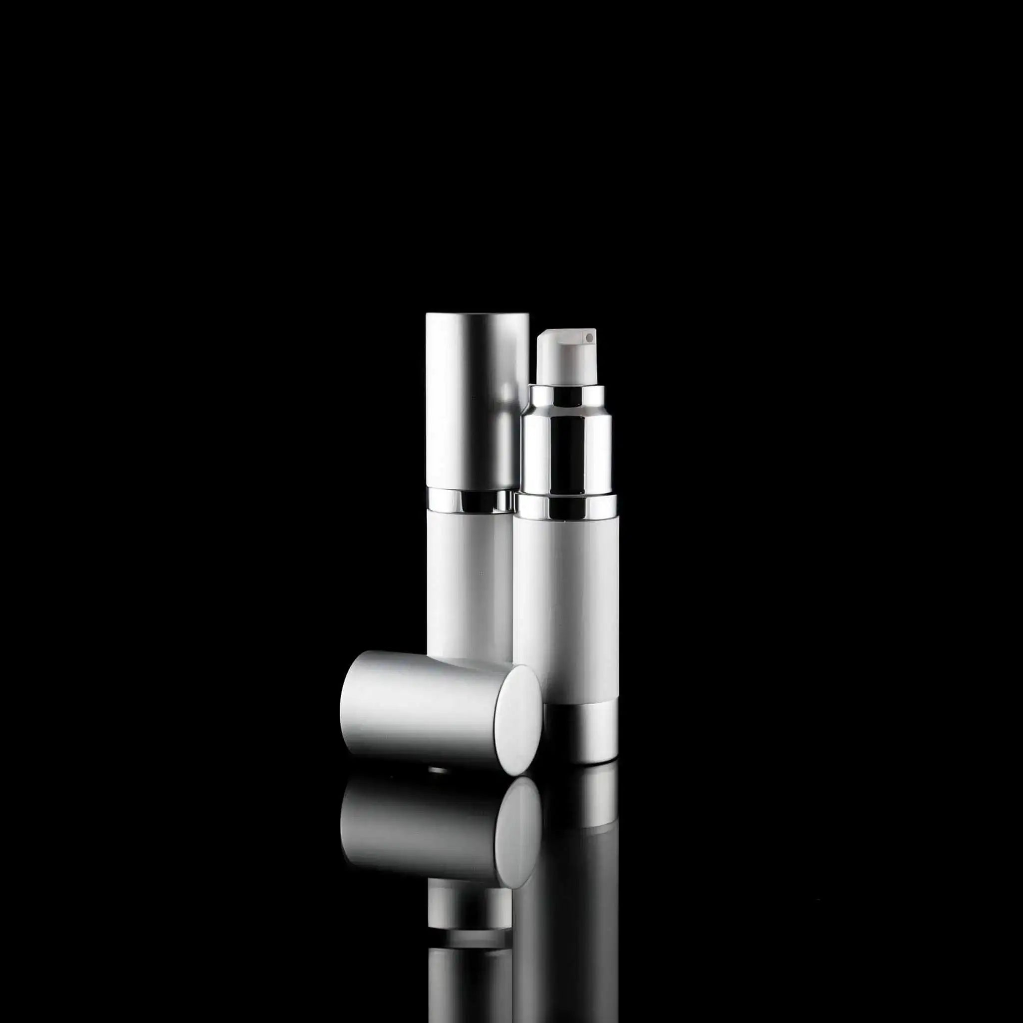 Luxe 15 ML Airless Pump Bottle Matte Silver with White Bottle - Cosmetic Packaging Now!