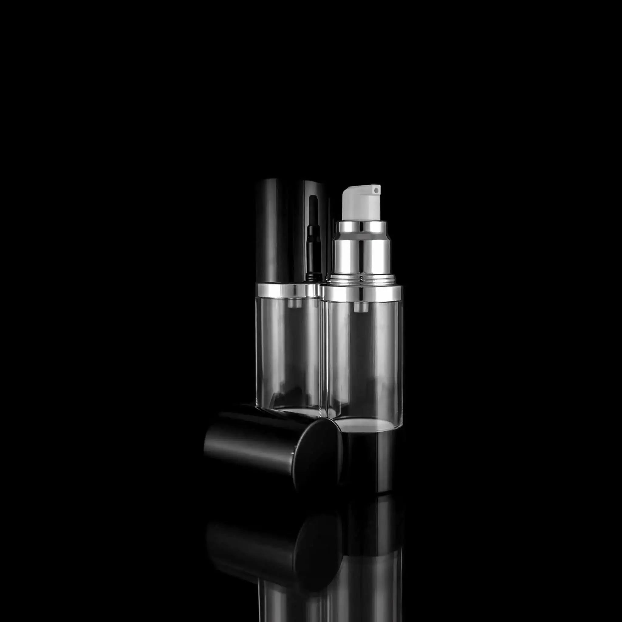 Luxe 30 ML Airless Pump Bottle Glossy Black with Clear Bottle - Cosmetic Packaging Now!