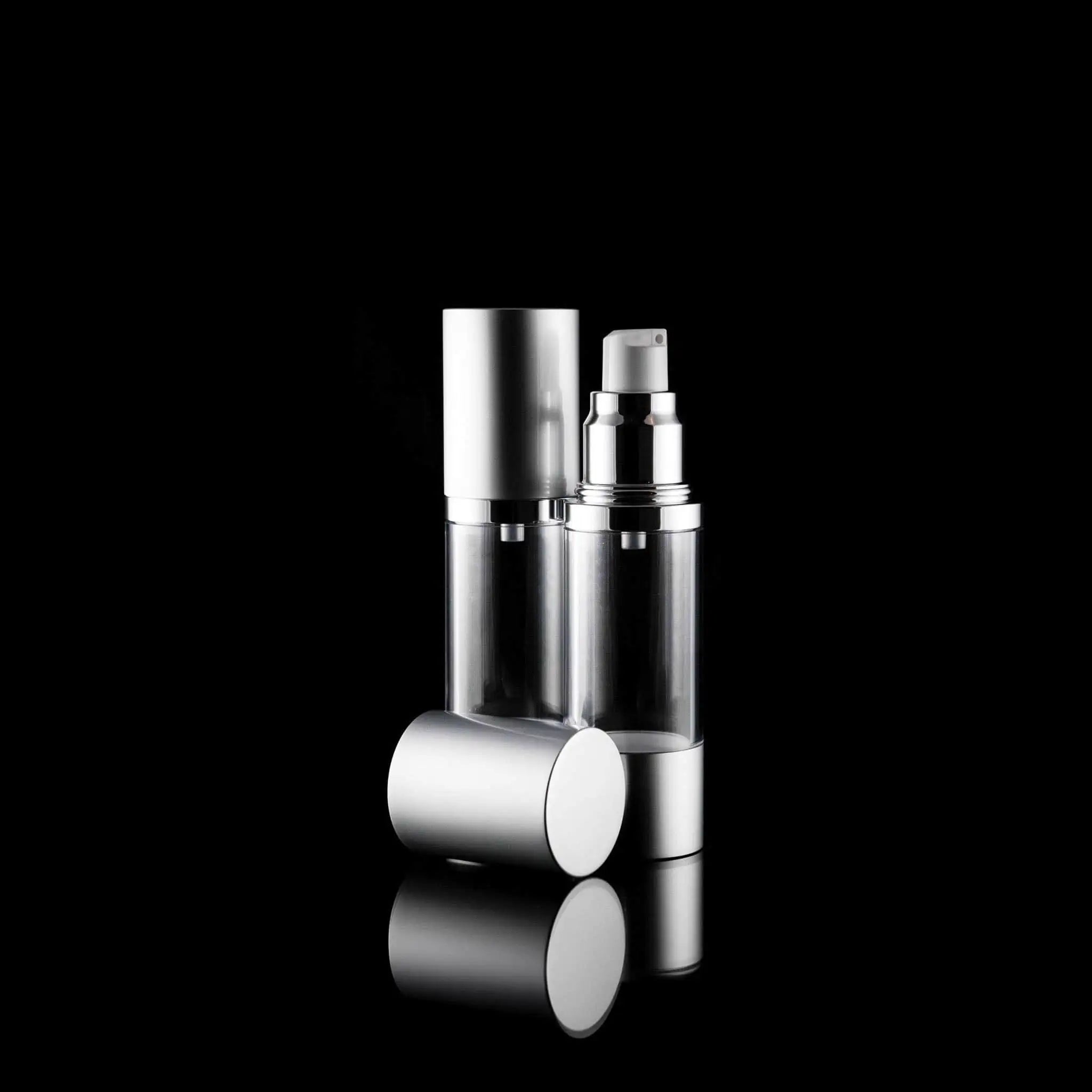 Luxe 30 ML Airless Pump Bottle Matte Silver with Clear Bottle - Cosmetic Packaging Now!