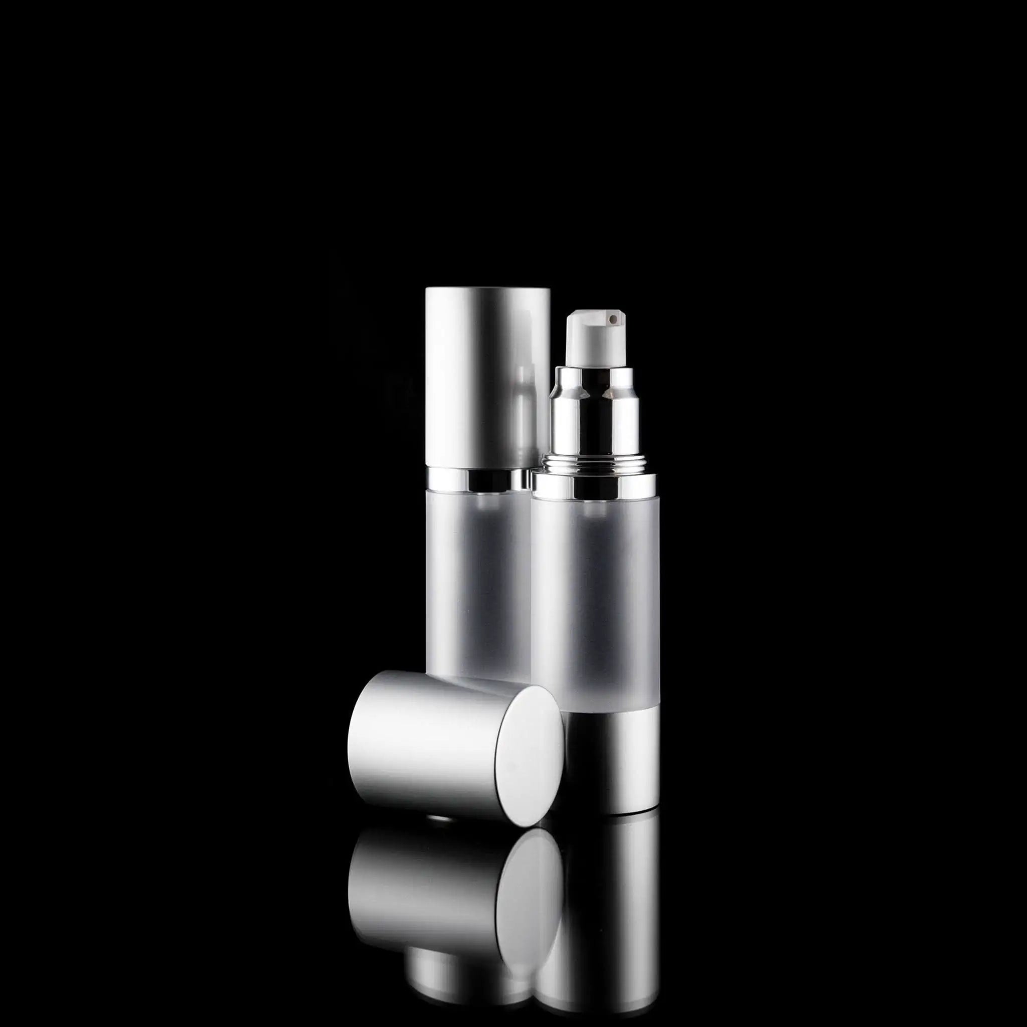 Luxe 30 ML Airless Bottle Matte Silver w Frosted Bottle - Cosmetic Packaging Now!