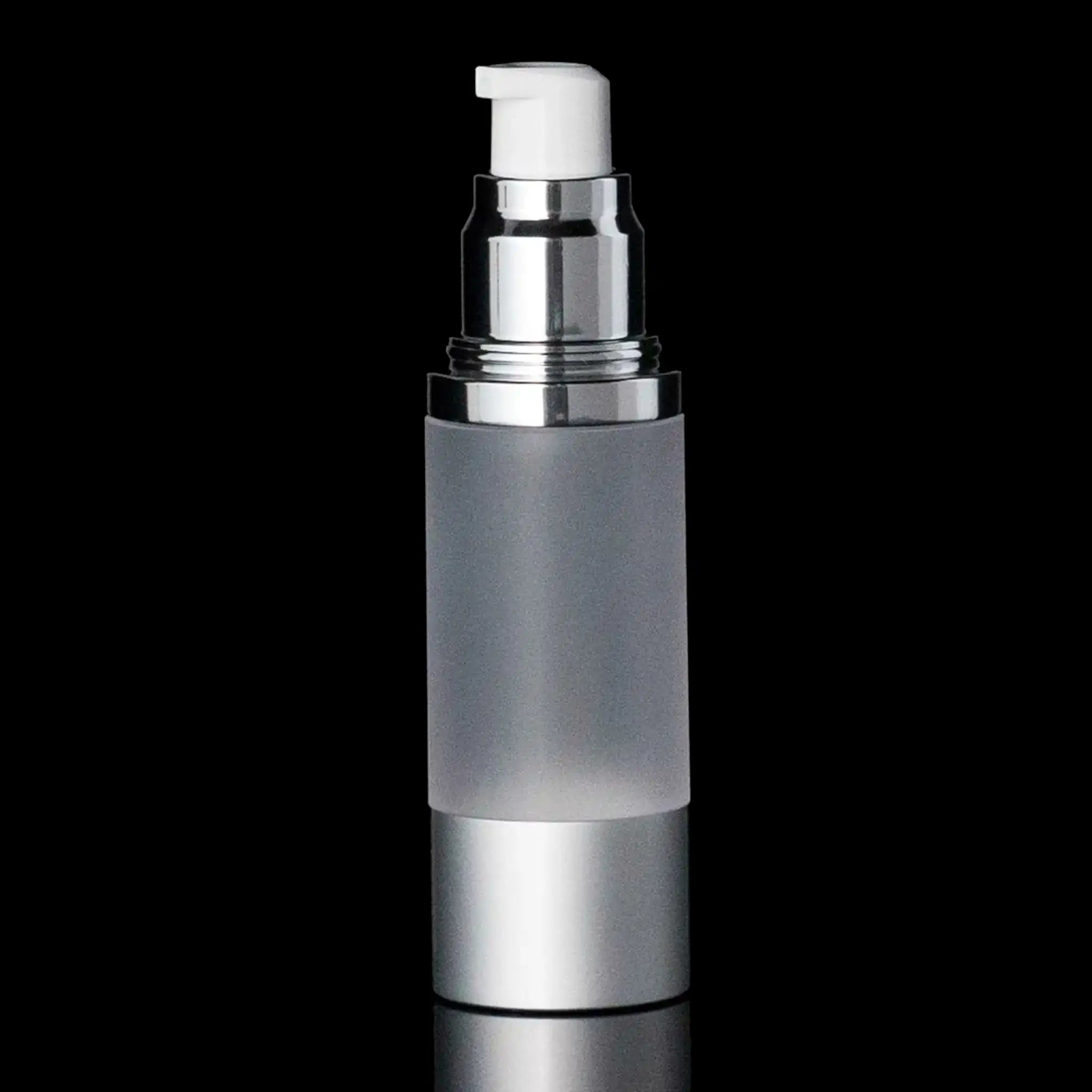 Luxe 30 ML Airless Bottle Matte Silver w Frosted Bottle - Cosmetic Packaging Now