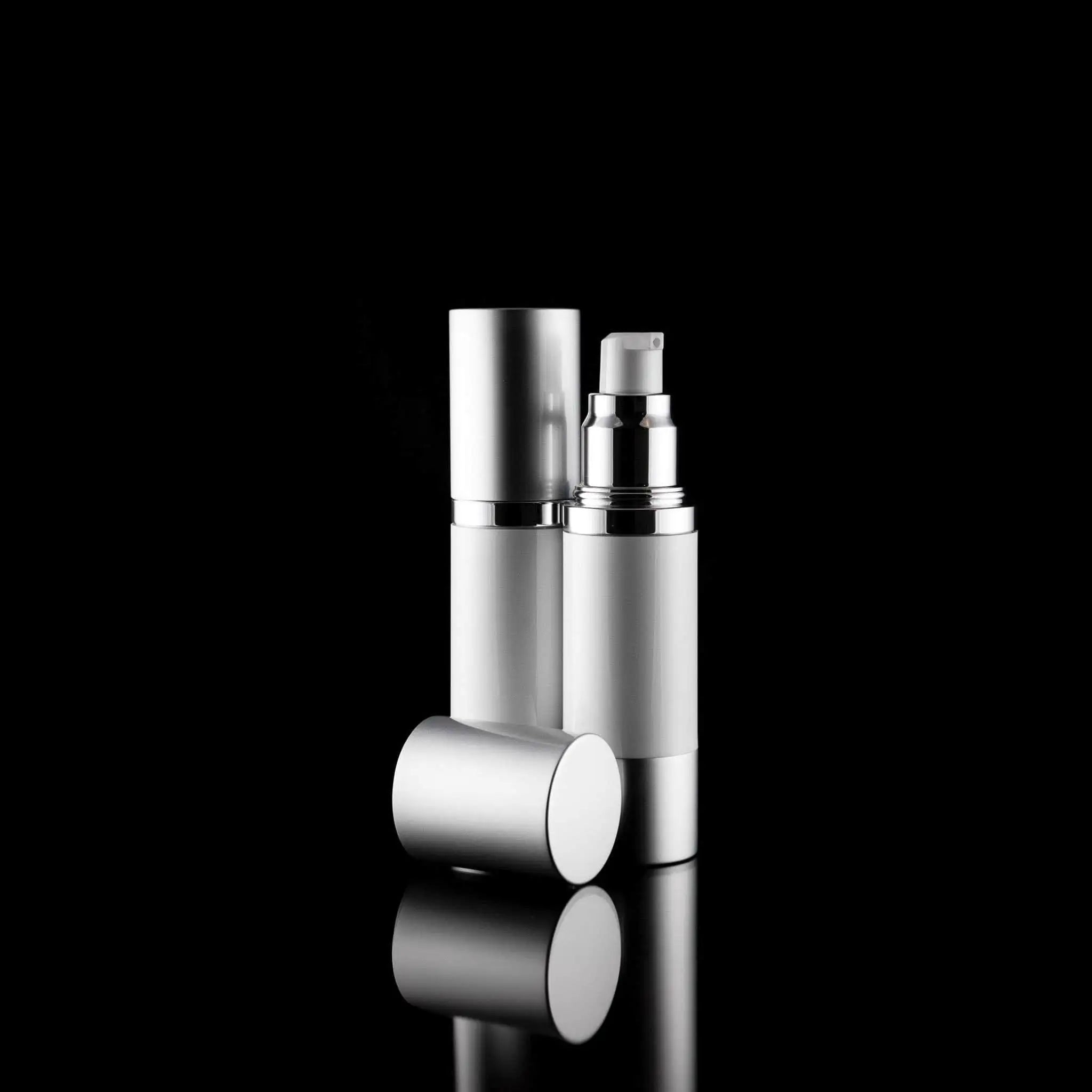 Luxe 30 ML Airless Pump Bottle Matte Silver with White Bottle - Cosmetic Packaging Now!
