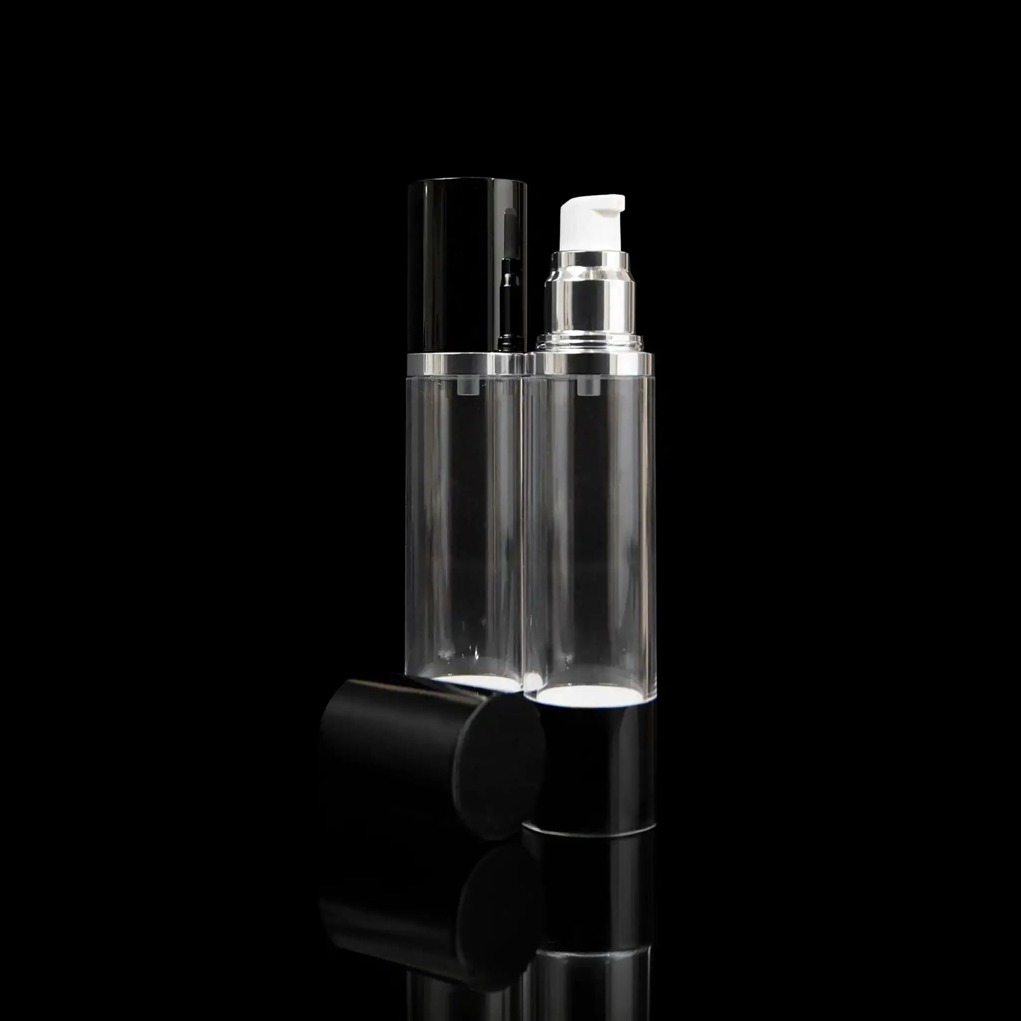 Luxe 50 ML Airless Pump Bottle Glossy Black with Clear Bottle - Cosmetic Packaging Now!