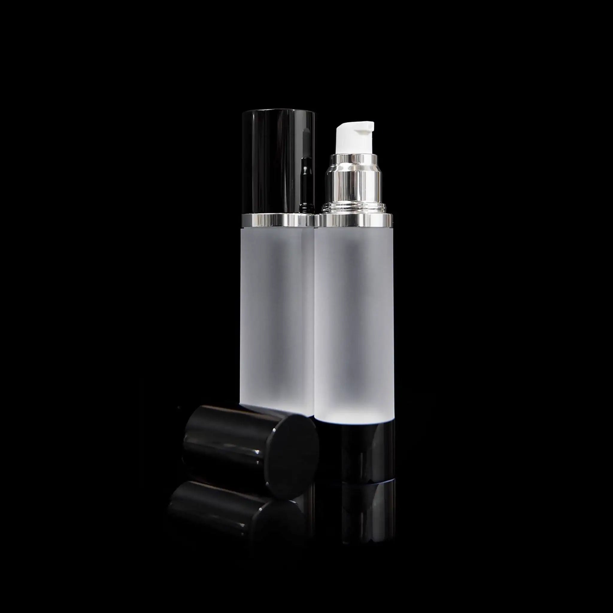 Luxe 50 ML Airless Pump Bottle Glossy Black with Frosted Bottle - Cosmetic Packaging Now!