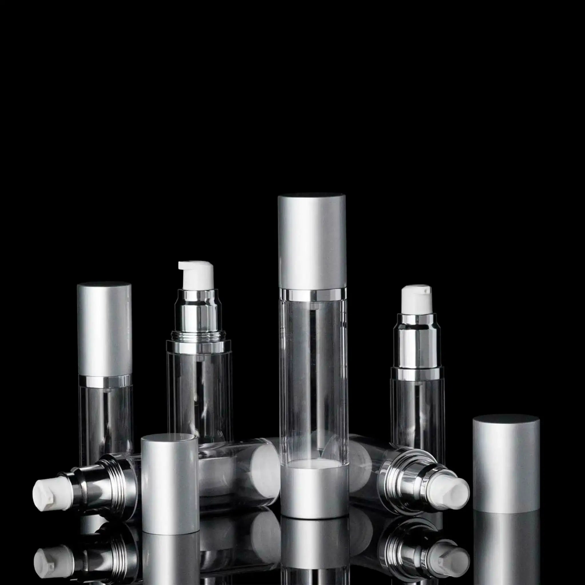 Luxe 50 ML Airless Bottle Matte Silver with Clear Bottle - Cosmetic Packaging Now