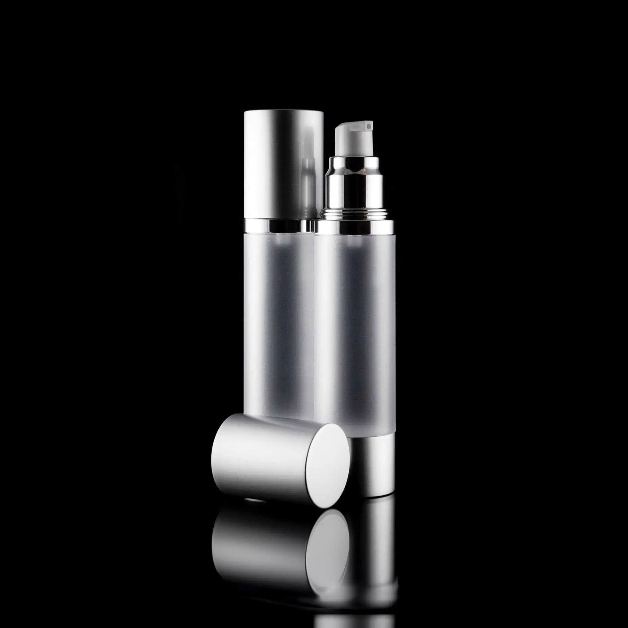 Luxe 50 ML Airless Pump Bottle With Matte Silver with Frosted Bottle - Cosmetic Packaging Now!