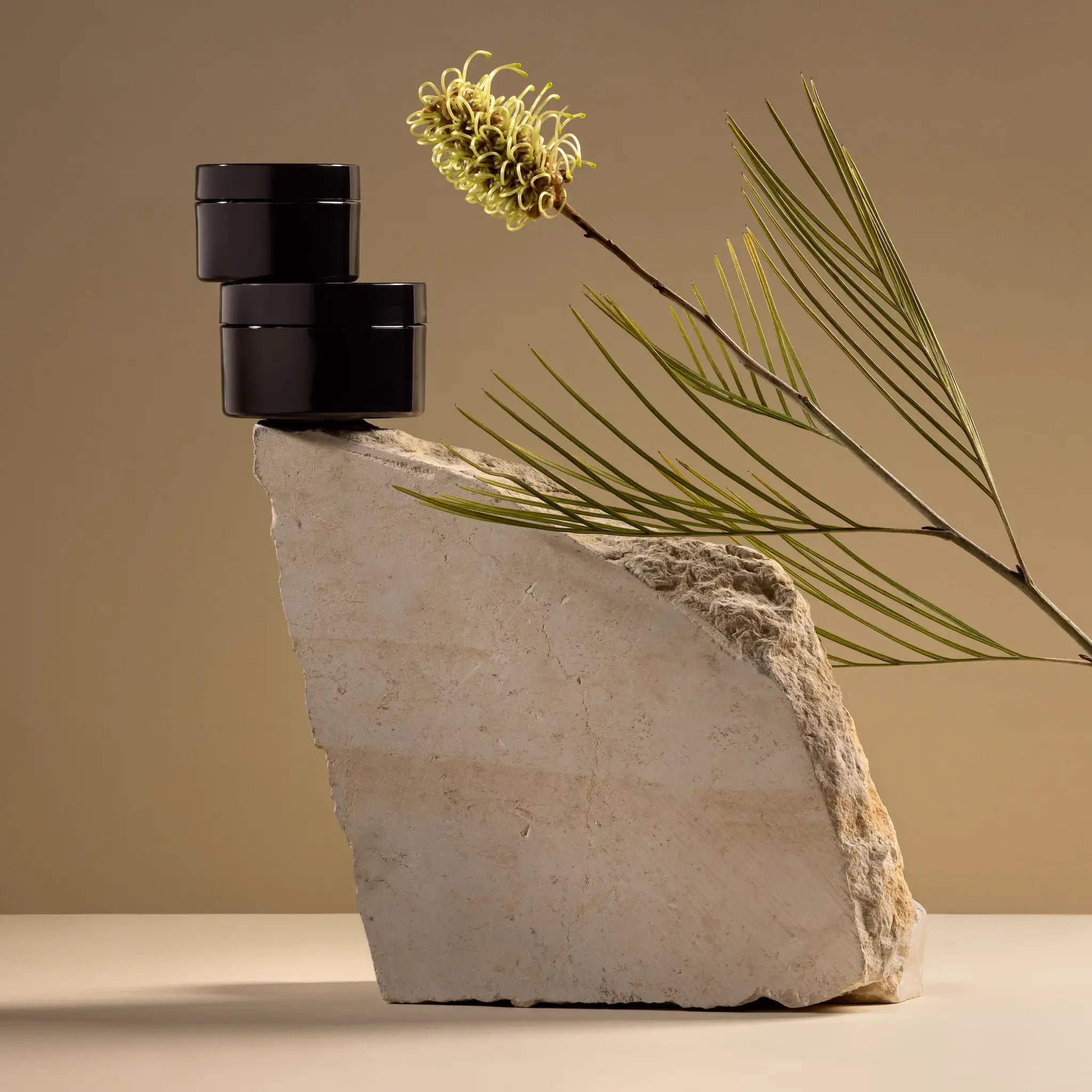Black Cosmetic Cream Jars Displayed On Natural Stone - Cosmetic Packaging Now