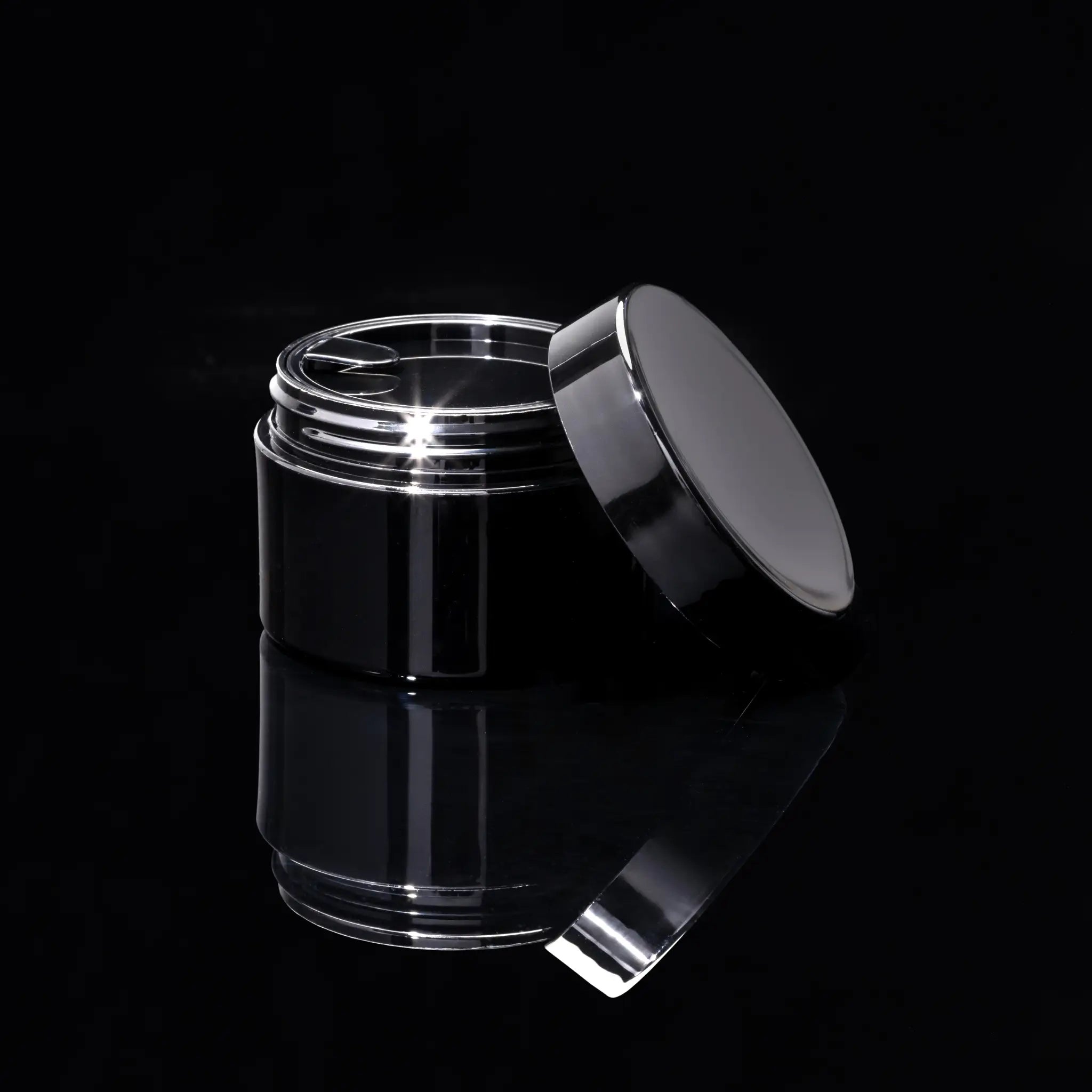 Impact 30ml PCR glossy black PP single wall cosmetic jar open showing interior for creams - Cosmetic Packaging Now