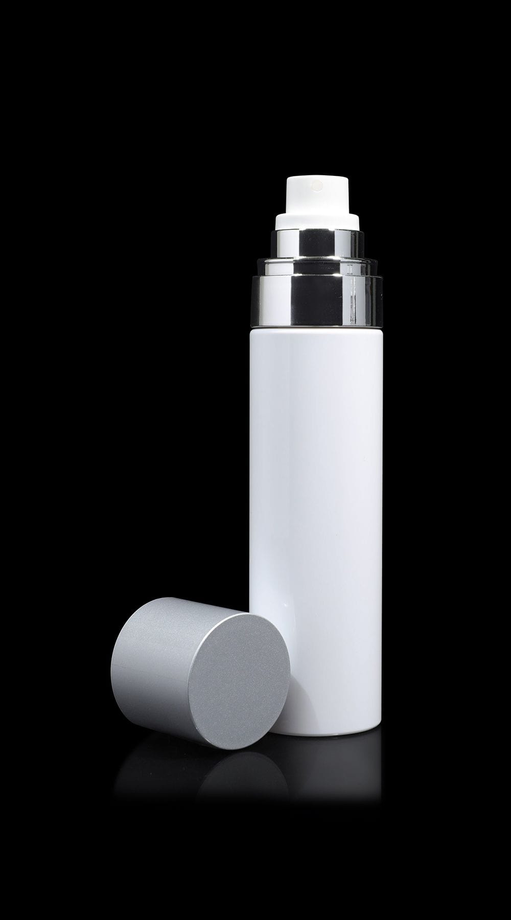 White fine mist sprayer bottle with matte silver cap