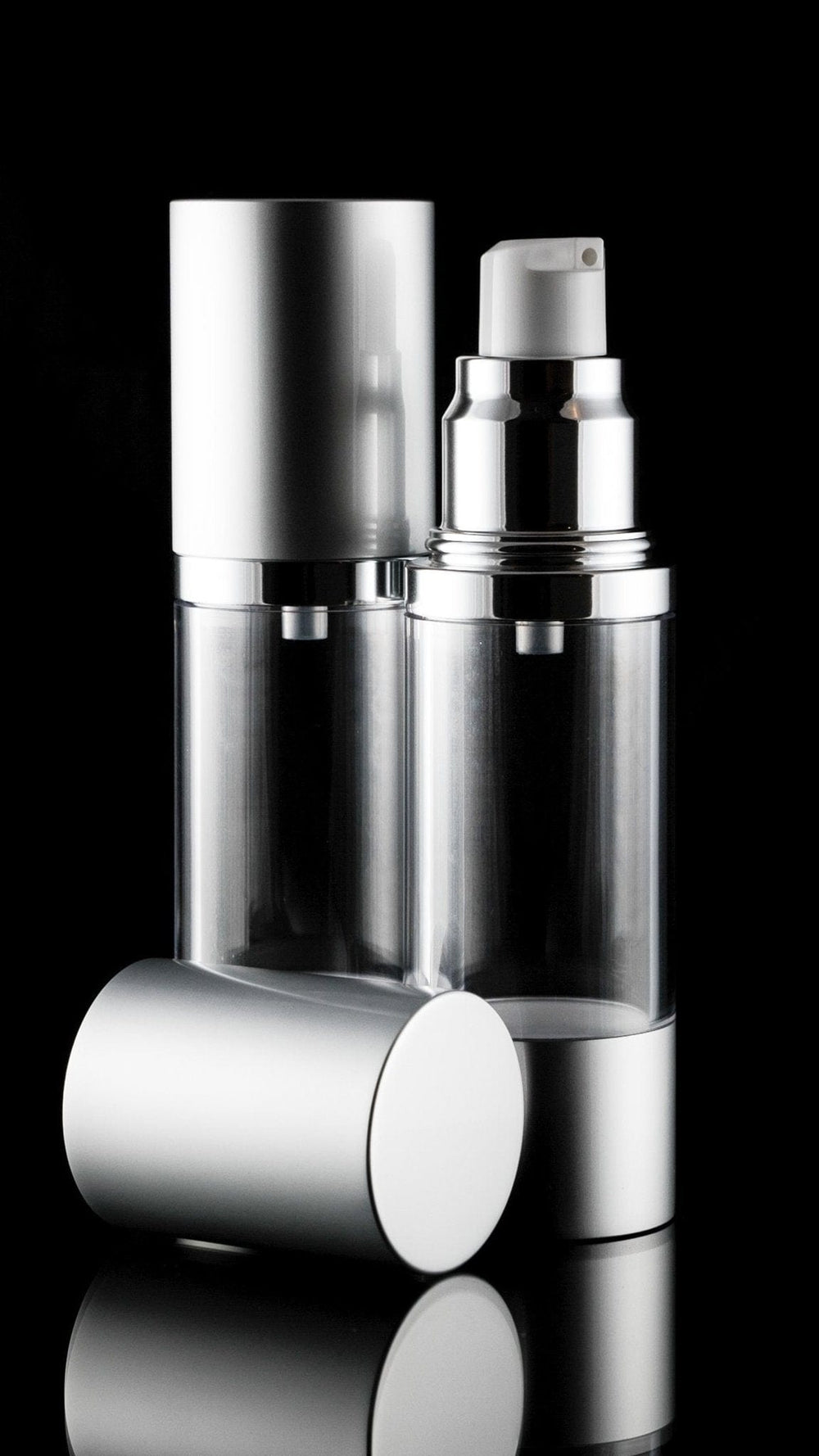 Luxe 30 ML Airless Bottle Matte Silver with Clear Bottle - Cosmetic Packaging Now