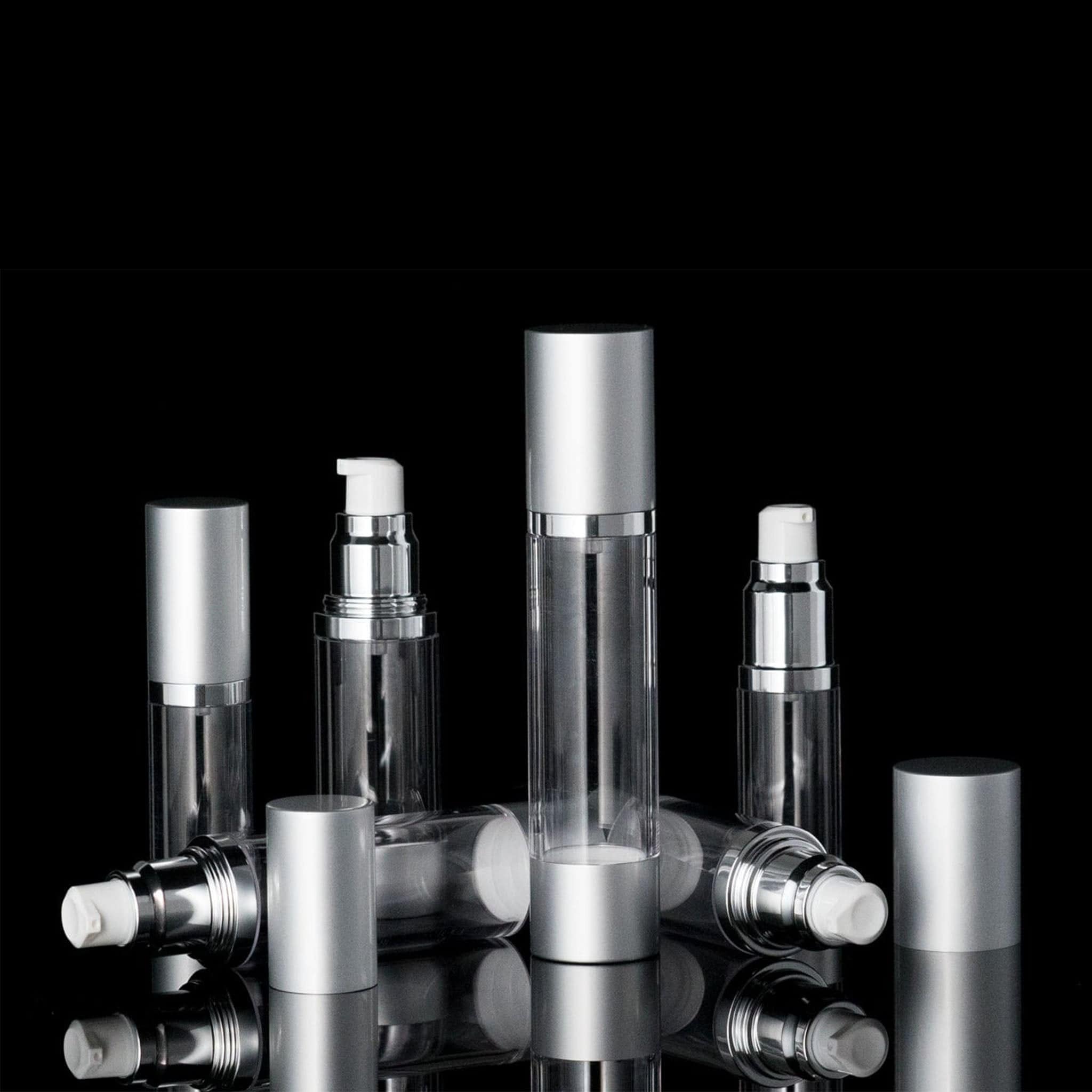 Luxe 30 ML Airless Bottle Matte Silver with Clear Bottle - Cosmetic Packaging Now