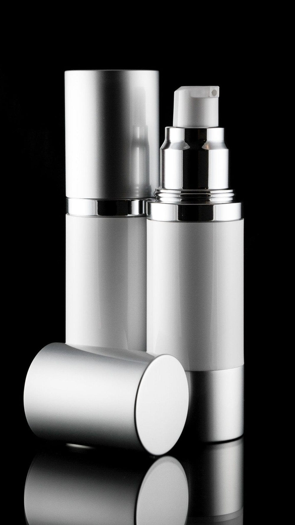 Luxe 30 ML Airless Bottle Matte Silver with White Bottle - Cosmetic Packaging Now