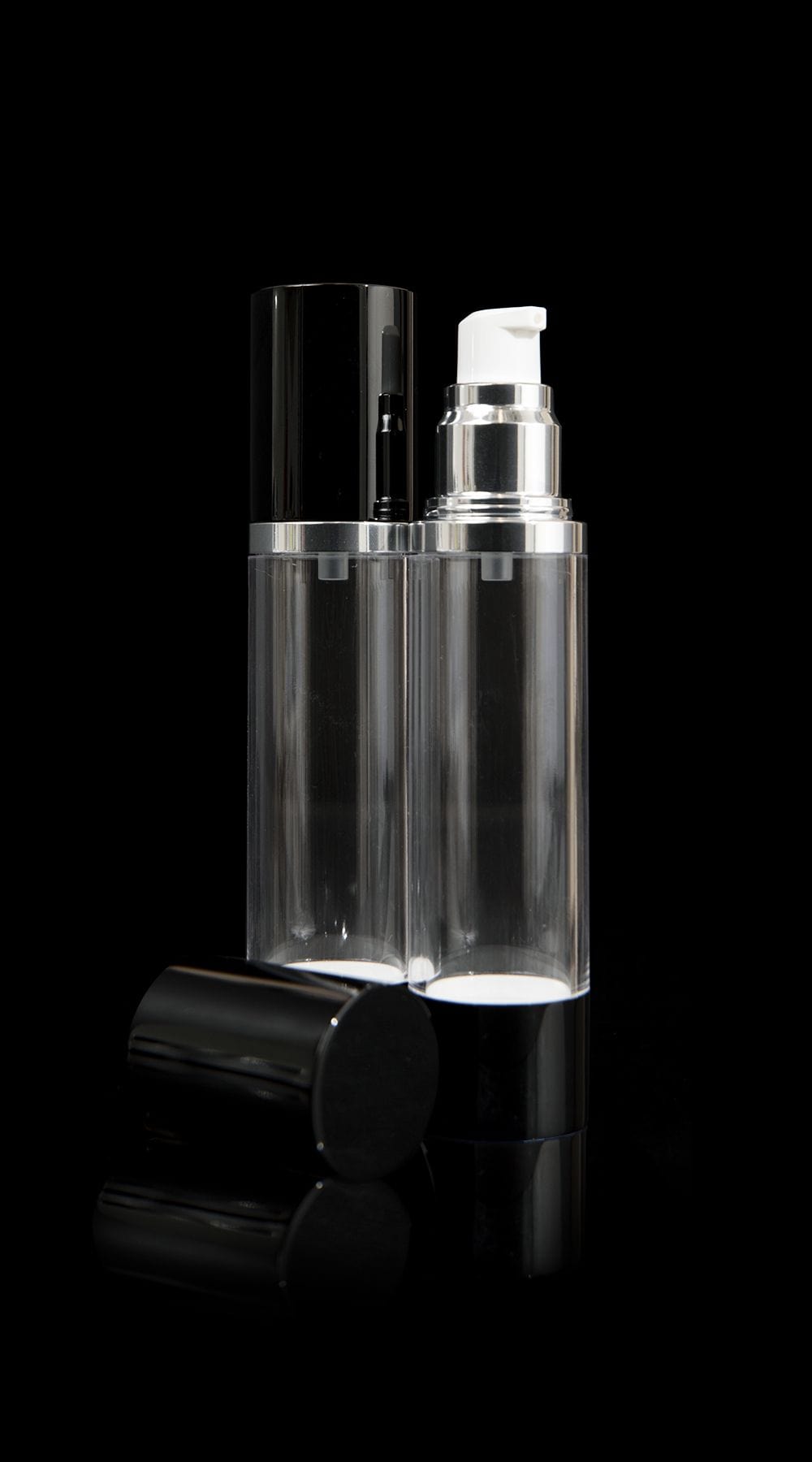 Flacon Airless Luxury 50 ml distributeur noir pompe noir/or capuchon et  distributeur Luxury transparent