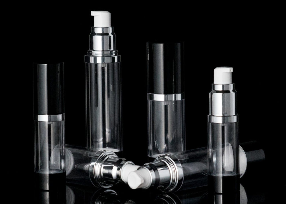 Luxe 50 ML Airless Bottle Glossy Black with Clear Bottle - Cosmetic Packaging Now