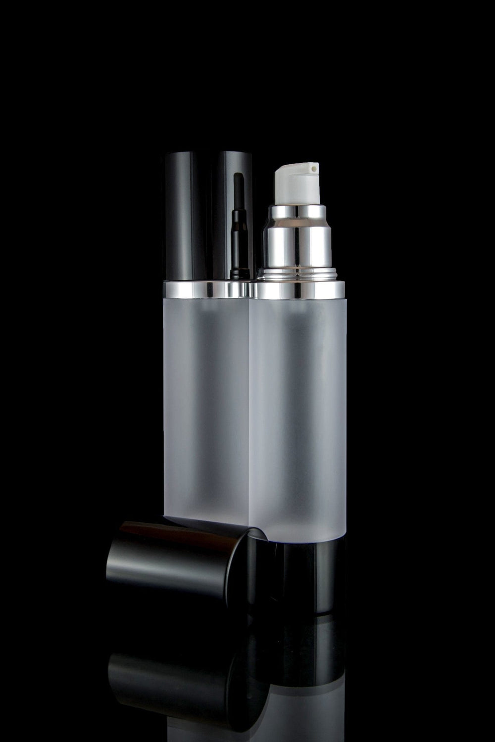 Luxe 50 ML Airless Bottle Glossy Black with Frosted Bottle - Cosmetic Packaging Now