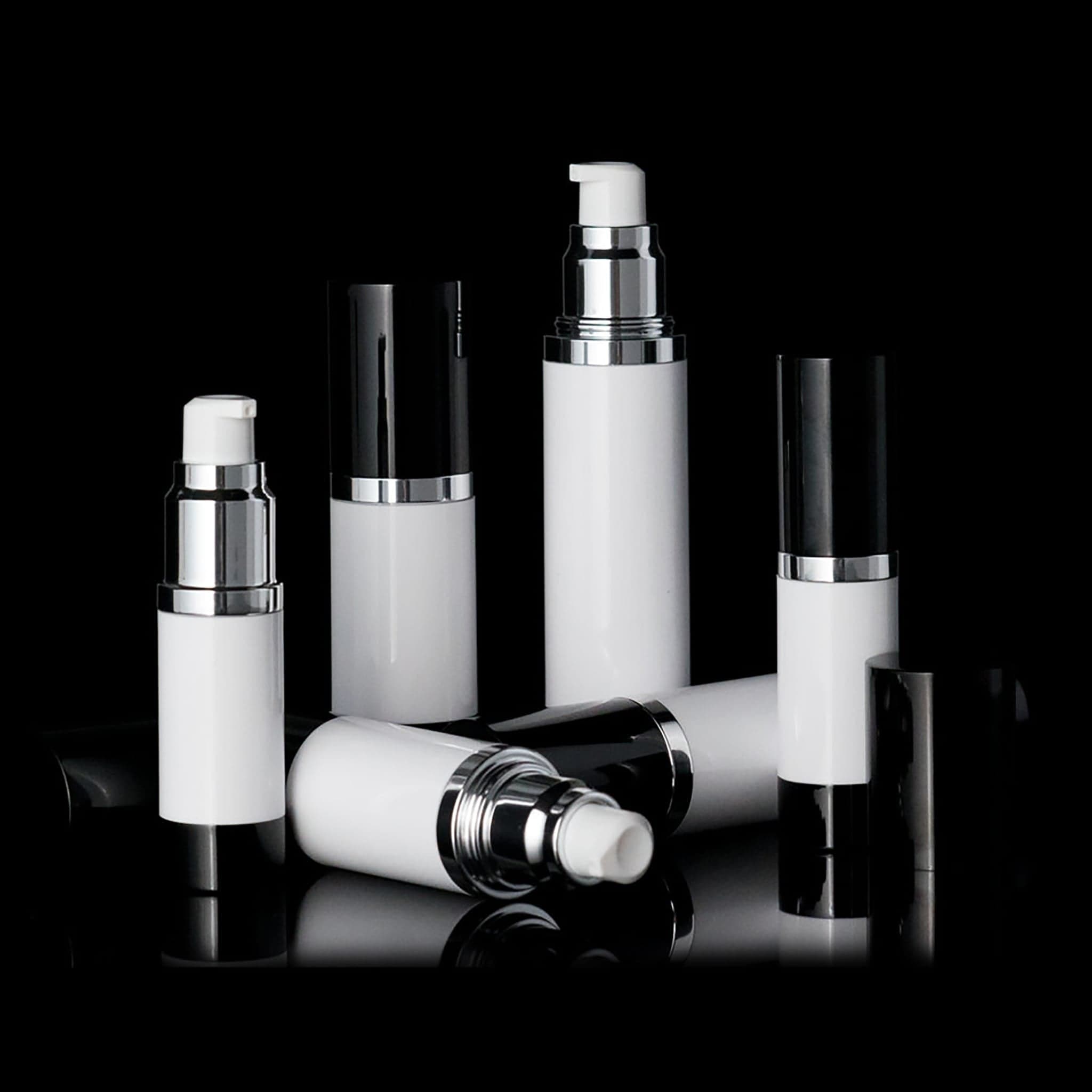 Luxe 50 ML Airless Bottle Glossy Black with White Bottle - Cosmetic Packaging Now